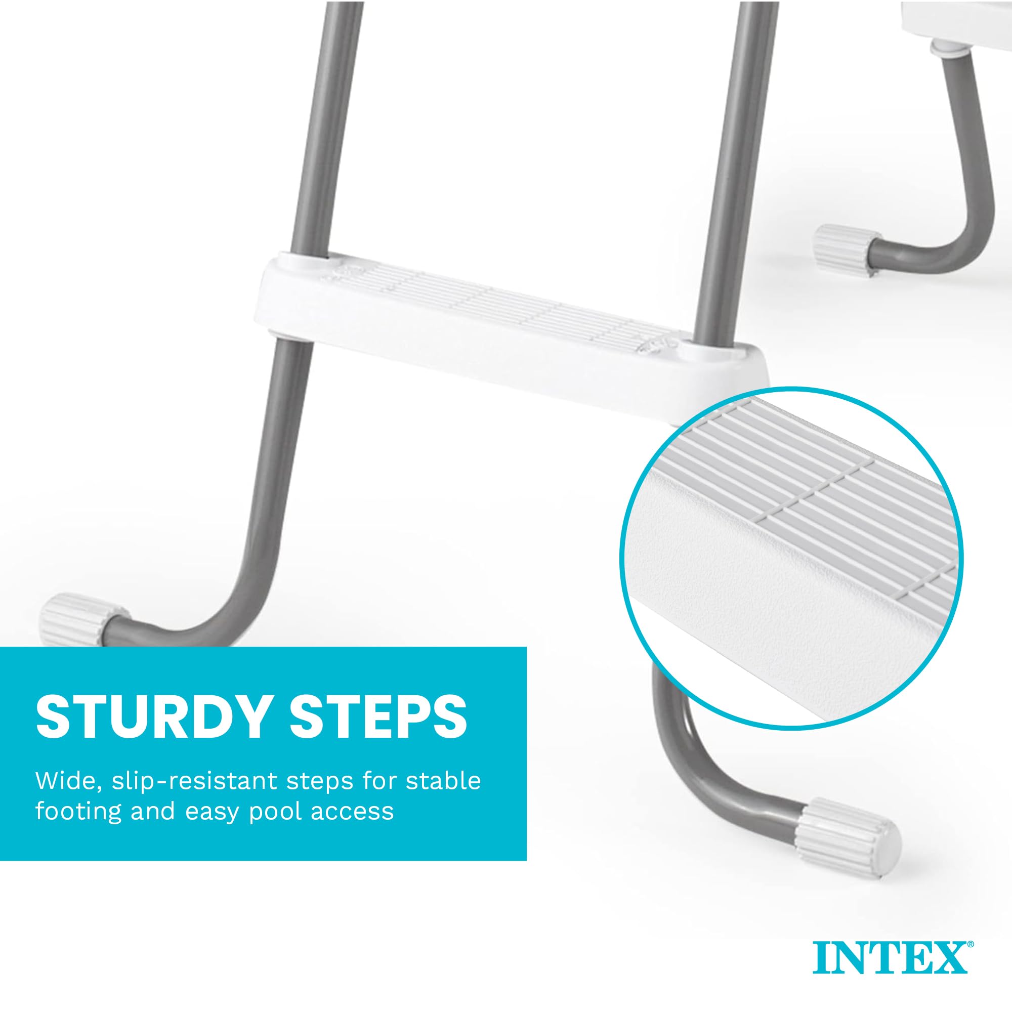 Intex Sturdy Steps graphic showing a close-up of the wide, slip-resistant ladder step