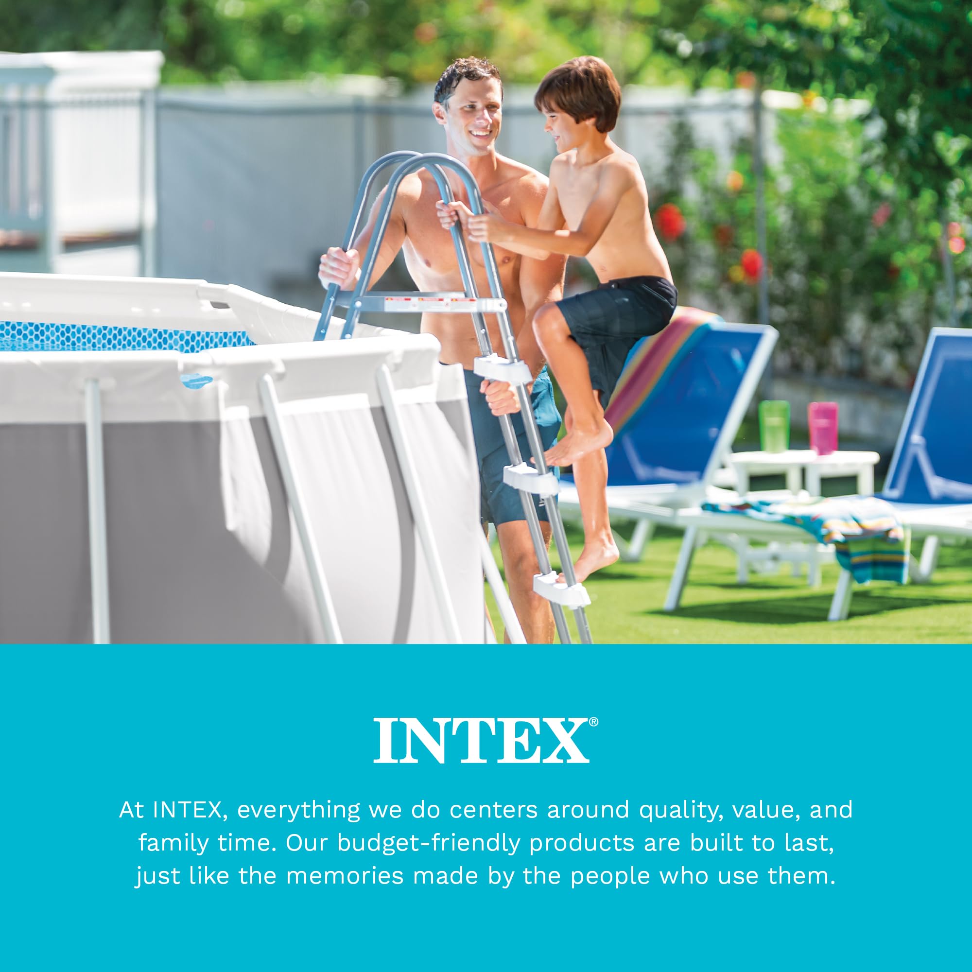 Lifestyle photo of a father and son at an Intex steel-frame ladder beside an above-ground pool