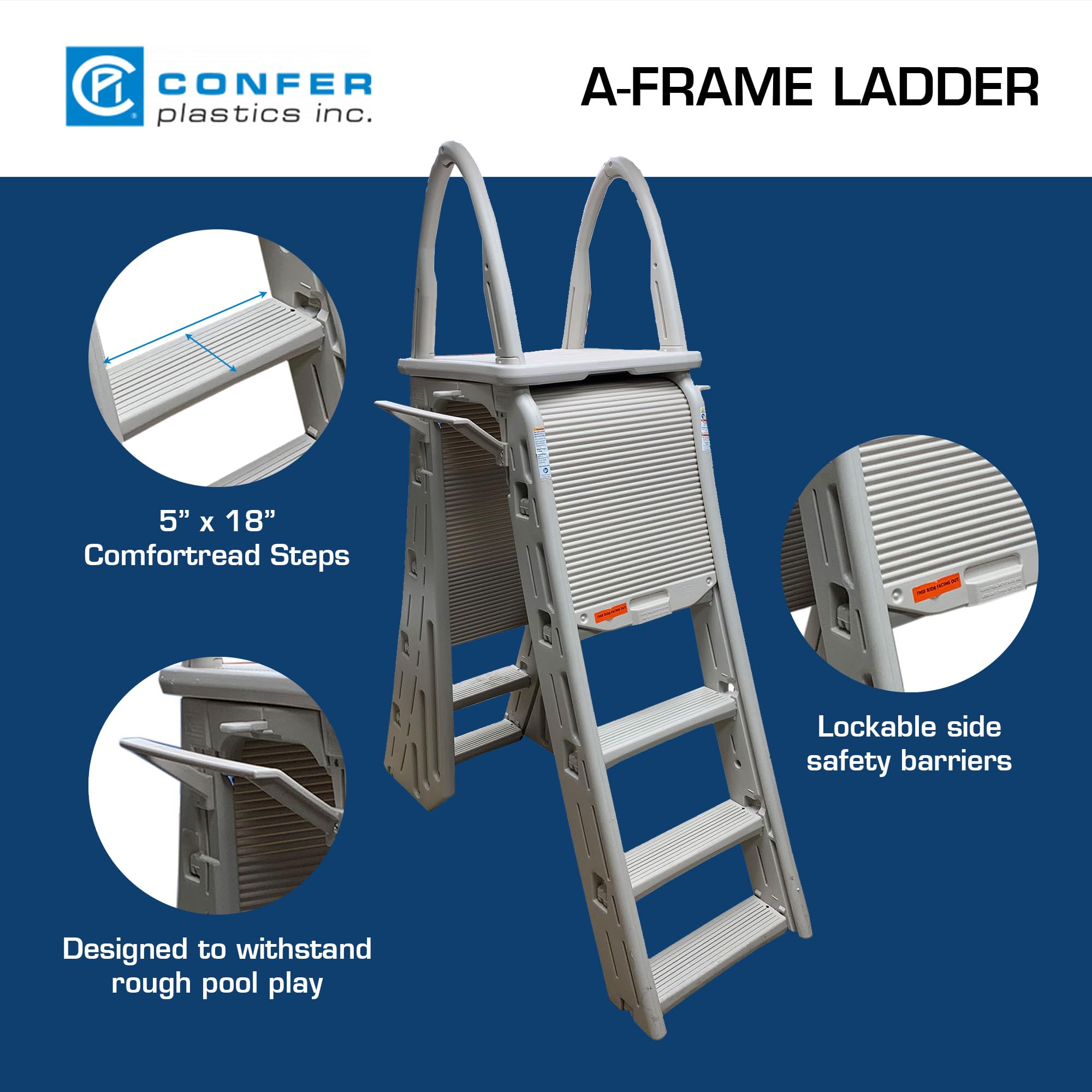 Confer Plastics A-Frame Ladder feature graphic highlighting 5 in x 18 in Comfortread steps and lockable side safety barriers