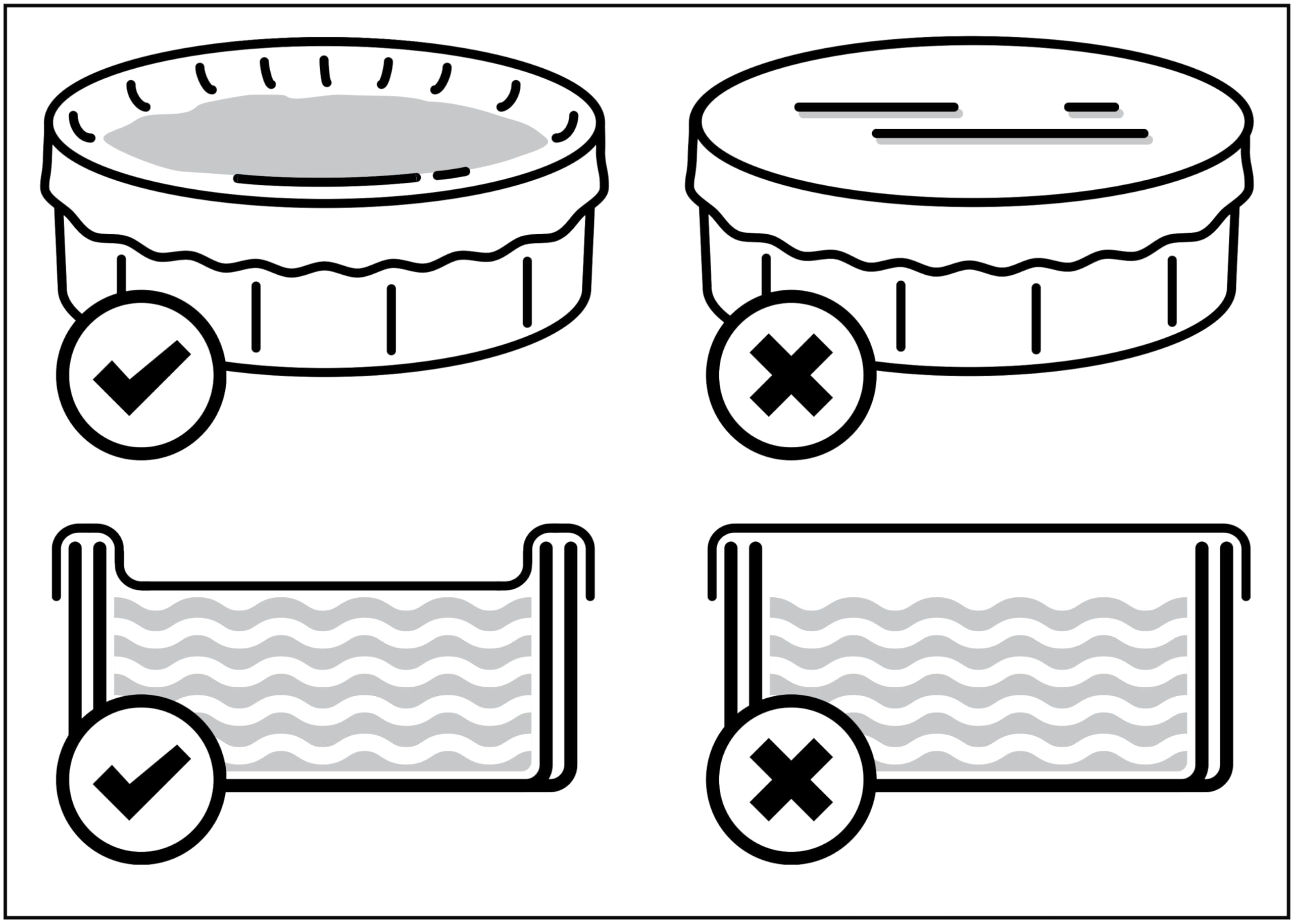Line diagram showing correct versus incorrect winter cover slack and pool water level, marked with check and X