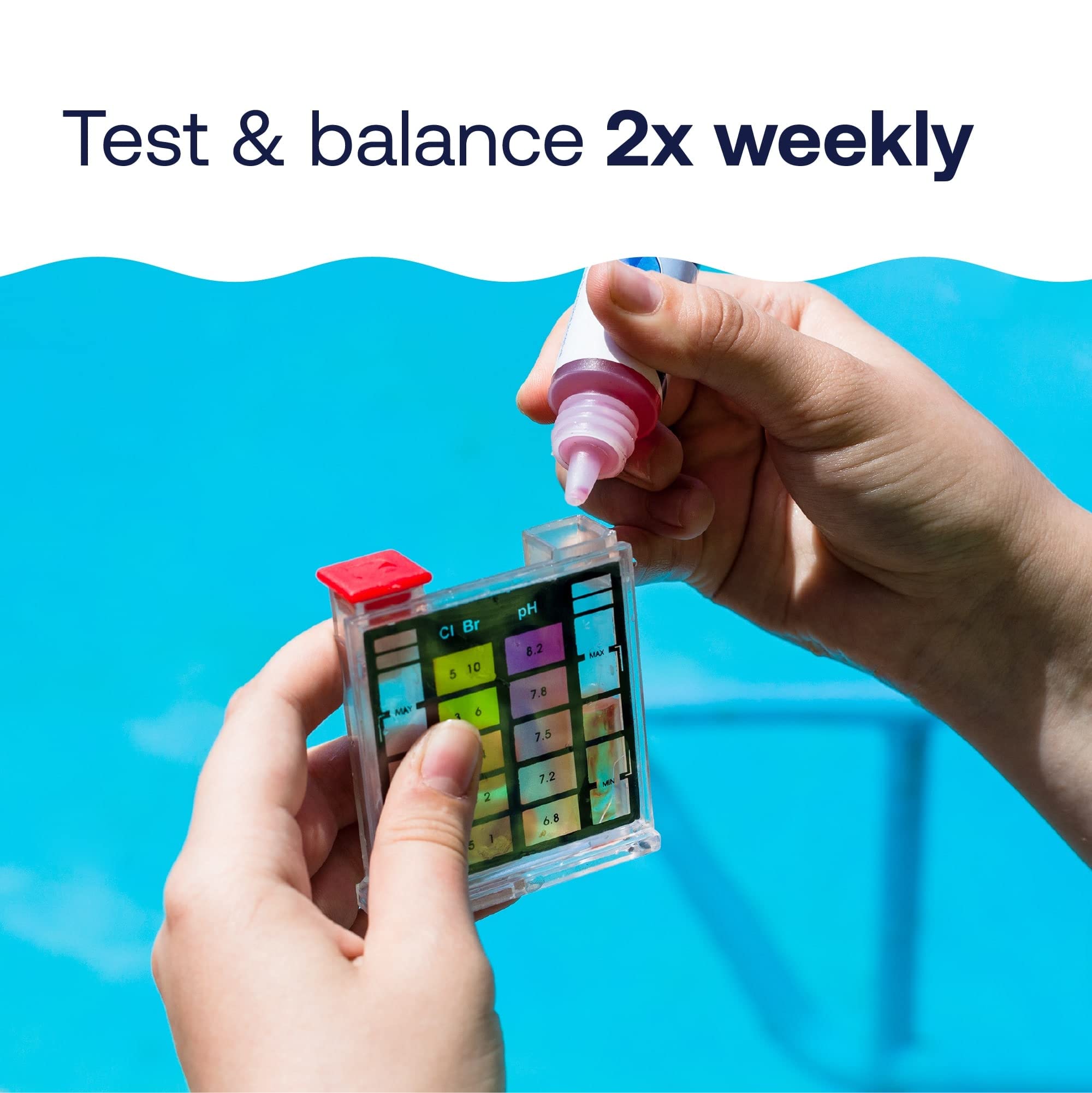 HTH lifestyle photo of hands using the test comparator at poolside, captioned Test and balance 2x weekly