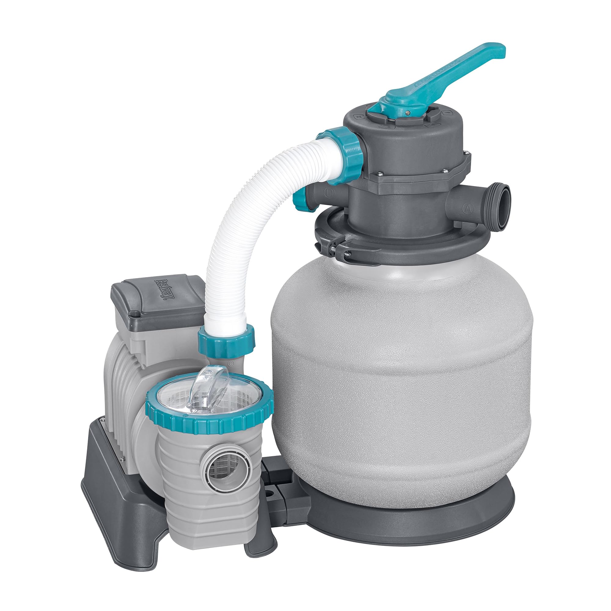 Bestway sand filter pump with teal accents and clear strainer basket