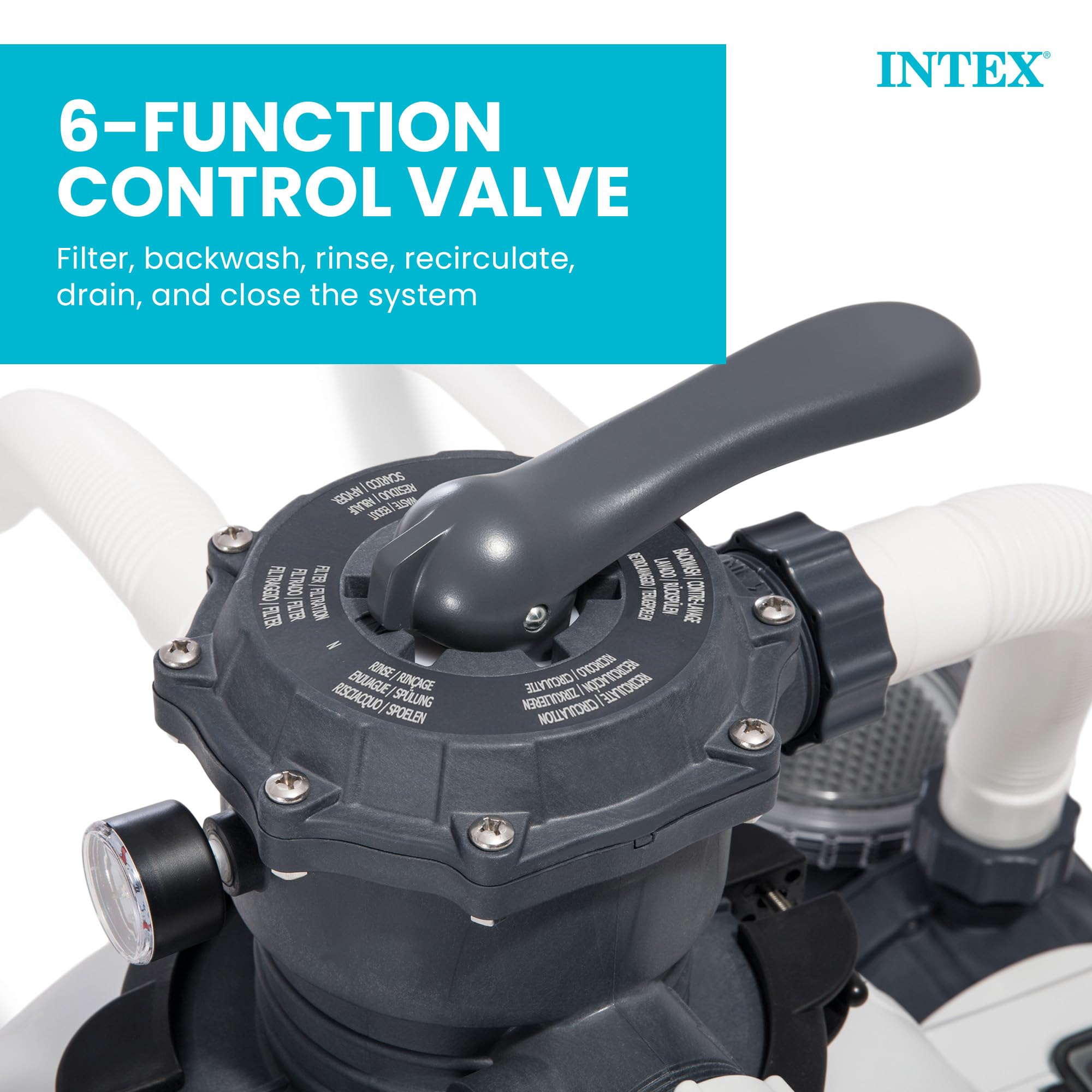 Intex sand filter pump 6-function control valve for filter, backwash, rinse, recirculate, drain and close