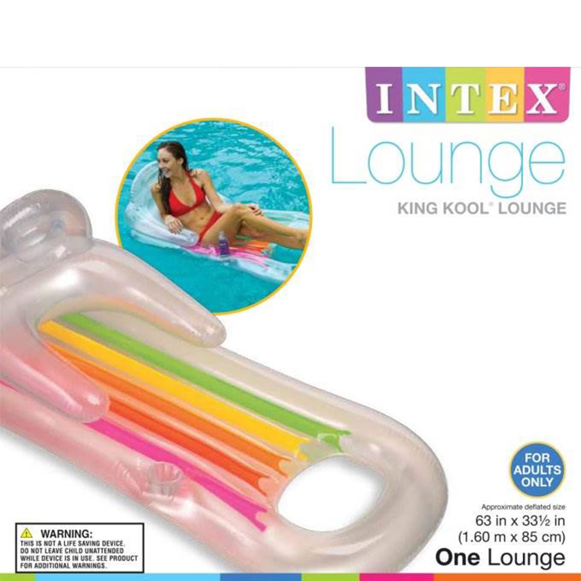 Intex King Kool Lounge packaging, clear version, with a woman reclining on the lounger