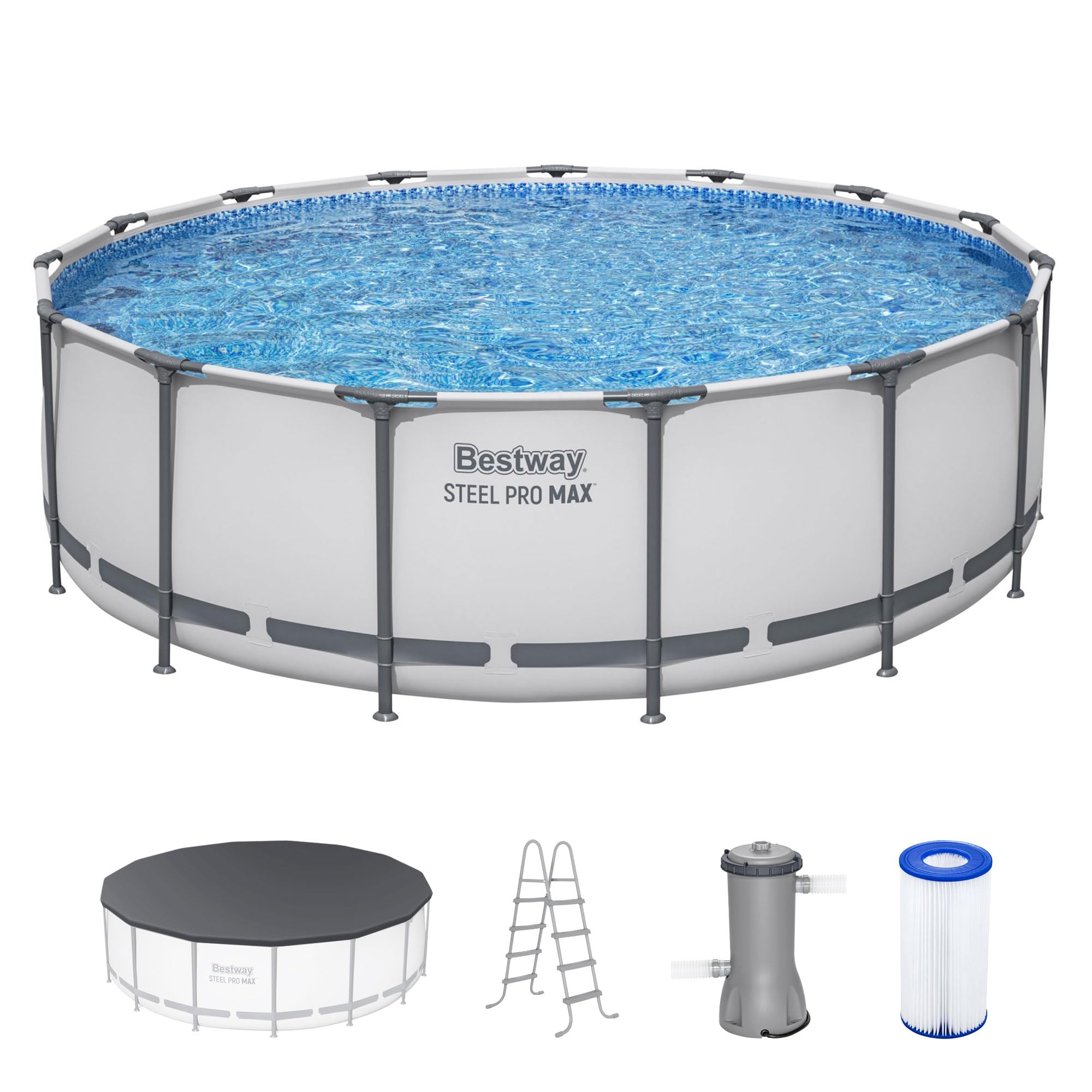 Bestway Steel Pro MAX 15 ft round above-ground pool in gray with included cover, ladder, filter pump and cartridge