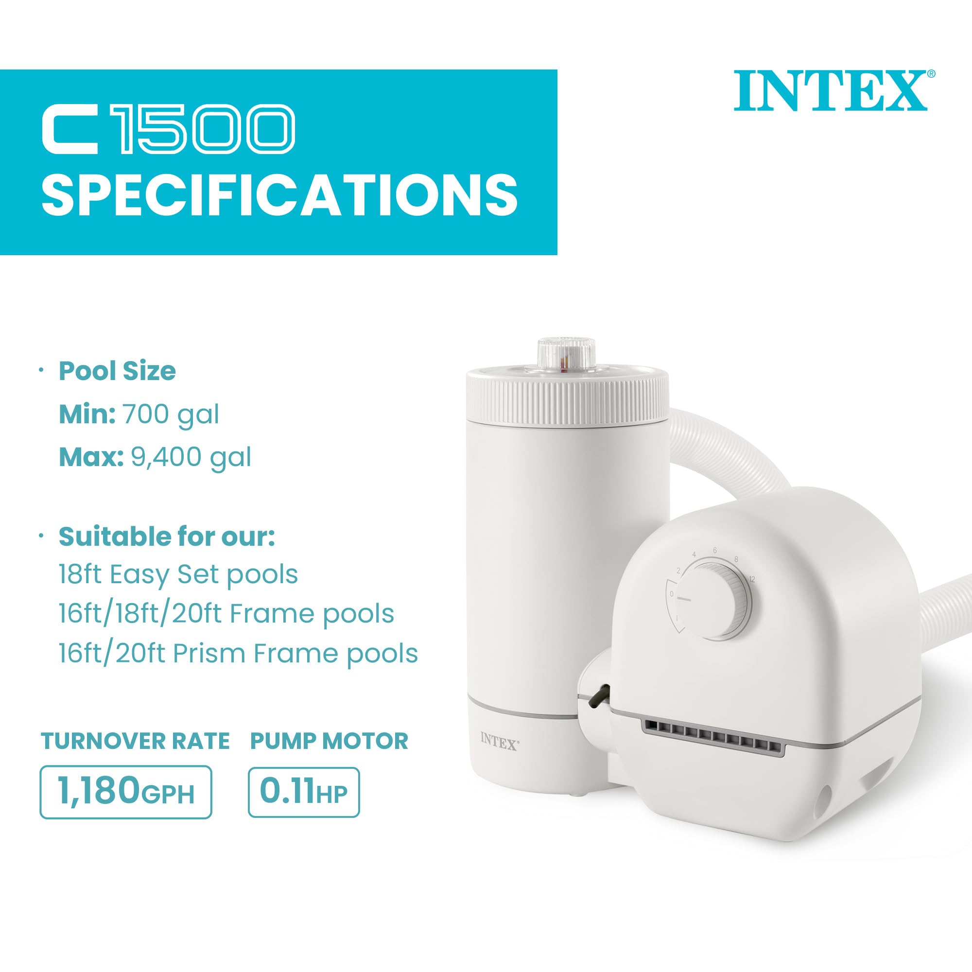 Intex C1500 specifications graphic: 700 to 9,400 gallon pool size, 1,180 GPH turnover rate, 0.11 HP pump motor