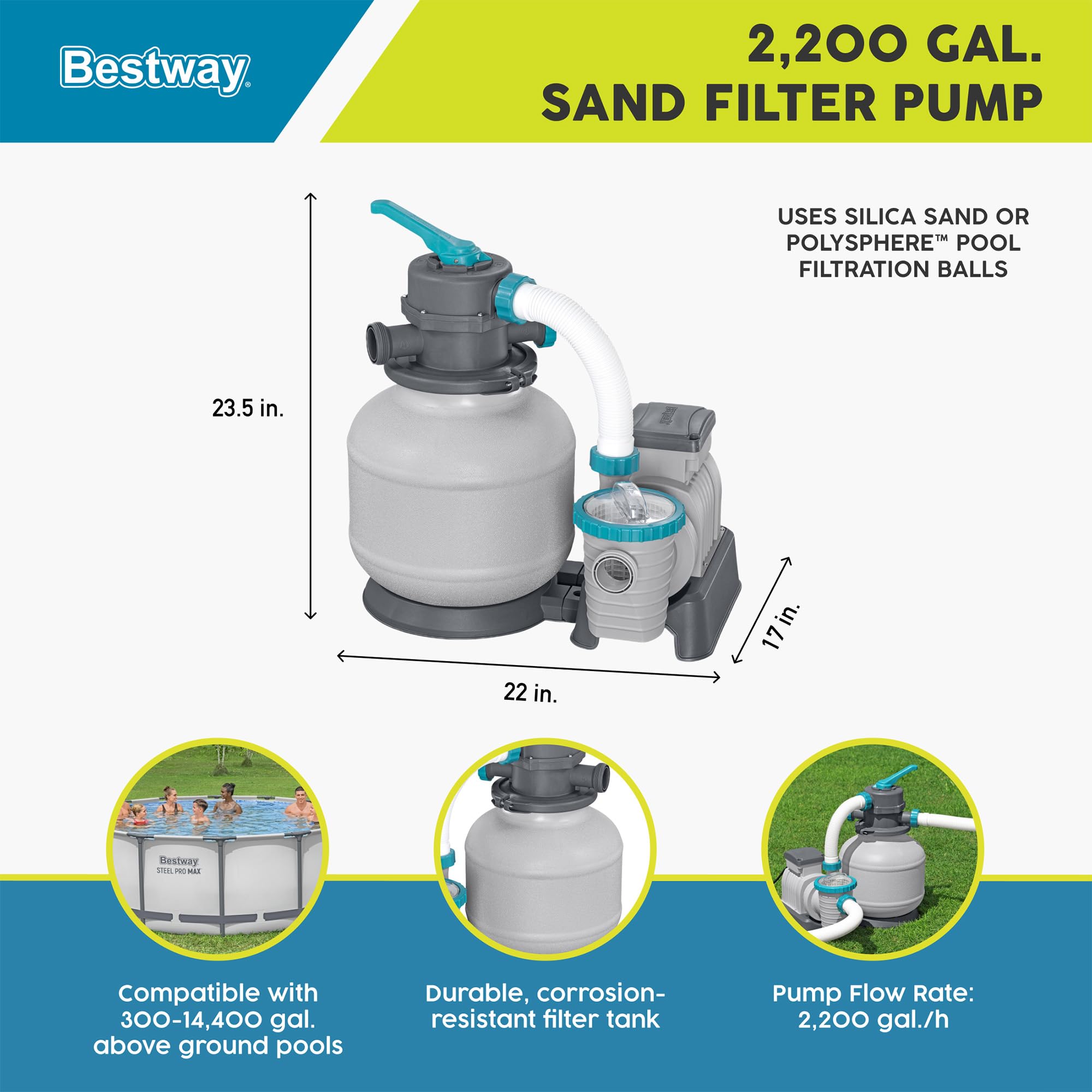 Bestway 2,200 gallon sand filter pump, 23.5 x 22 x 17 in, compatible with 300 to 14,400 gallon pools