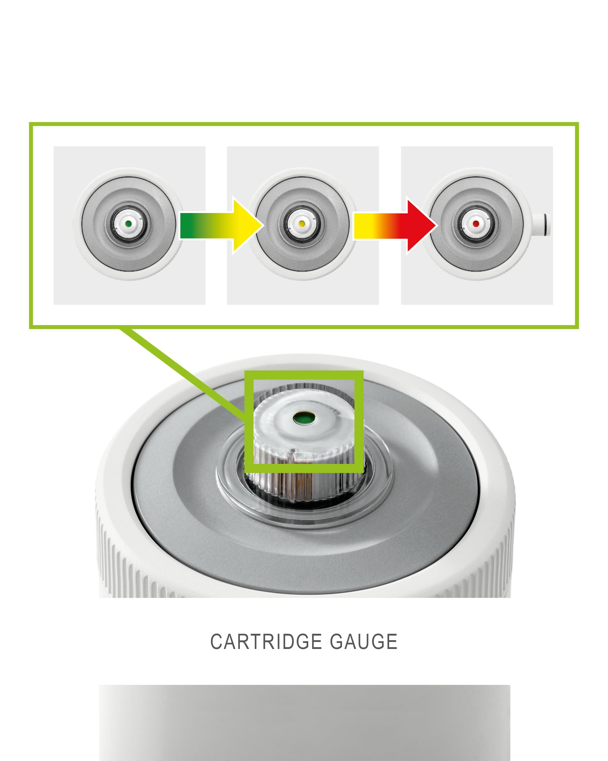Close-up of the Intex cartridge gauge showing the green-yellow-red indicator on top of the filter canister
