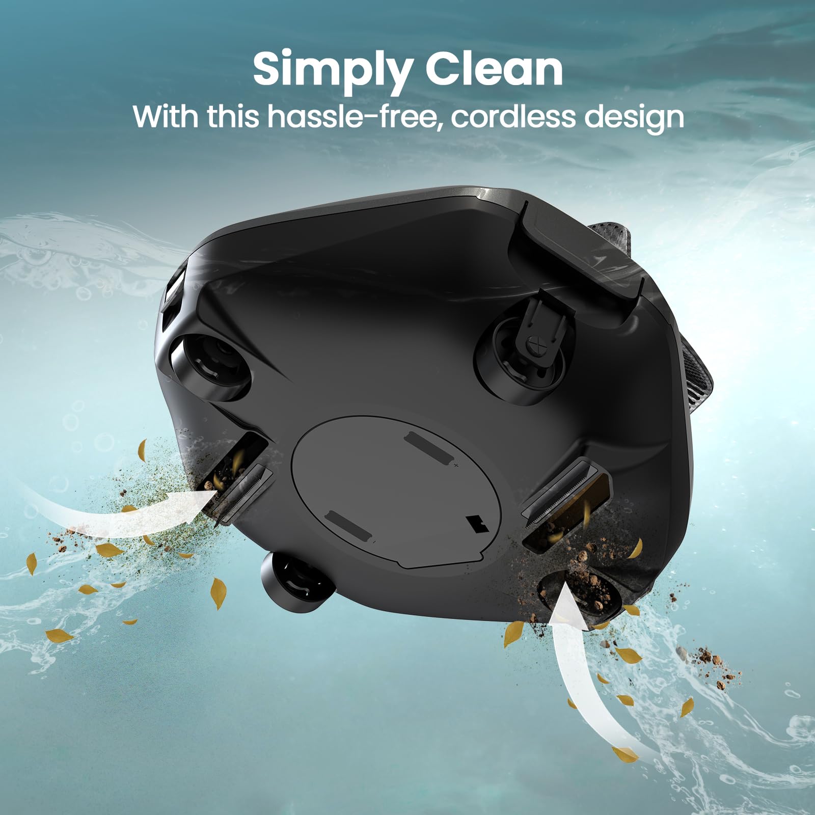 Simply Clean graphic: underside view of the Aiper Seagull SE showing its brushes and wheels collecting leaves