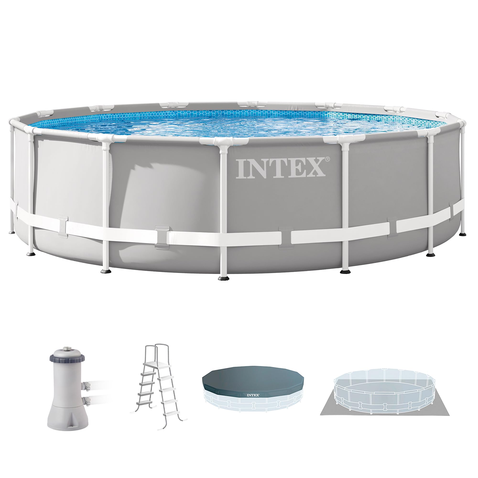 Intex Prism Frame 14 ft round above-ground pool in gray with included filter pump, ladder, cover and ground cloth