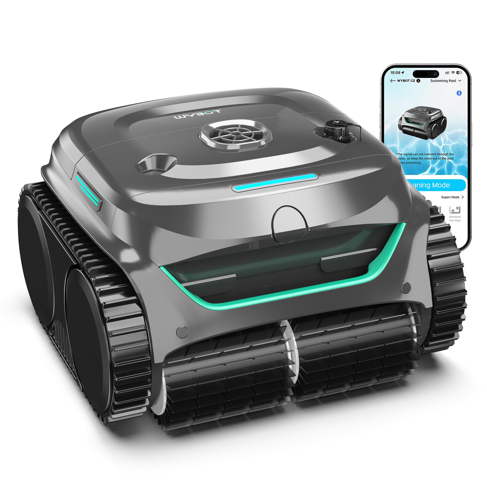 WYBOT C2 cordless robotic pool cleaner in grey with tracked treads and a teal LED accent, shown with the phone app