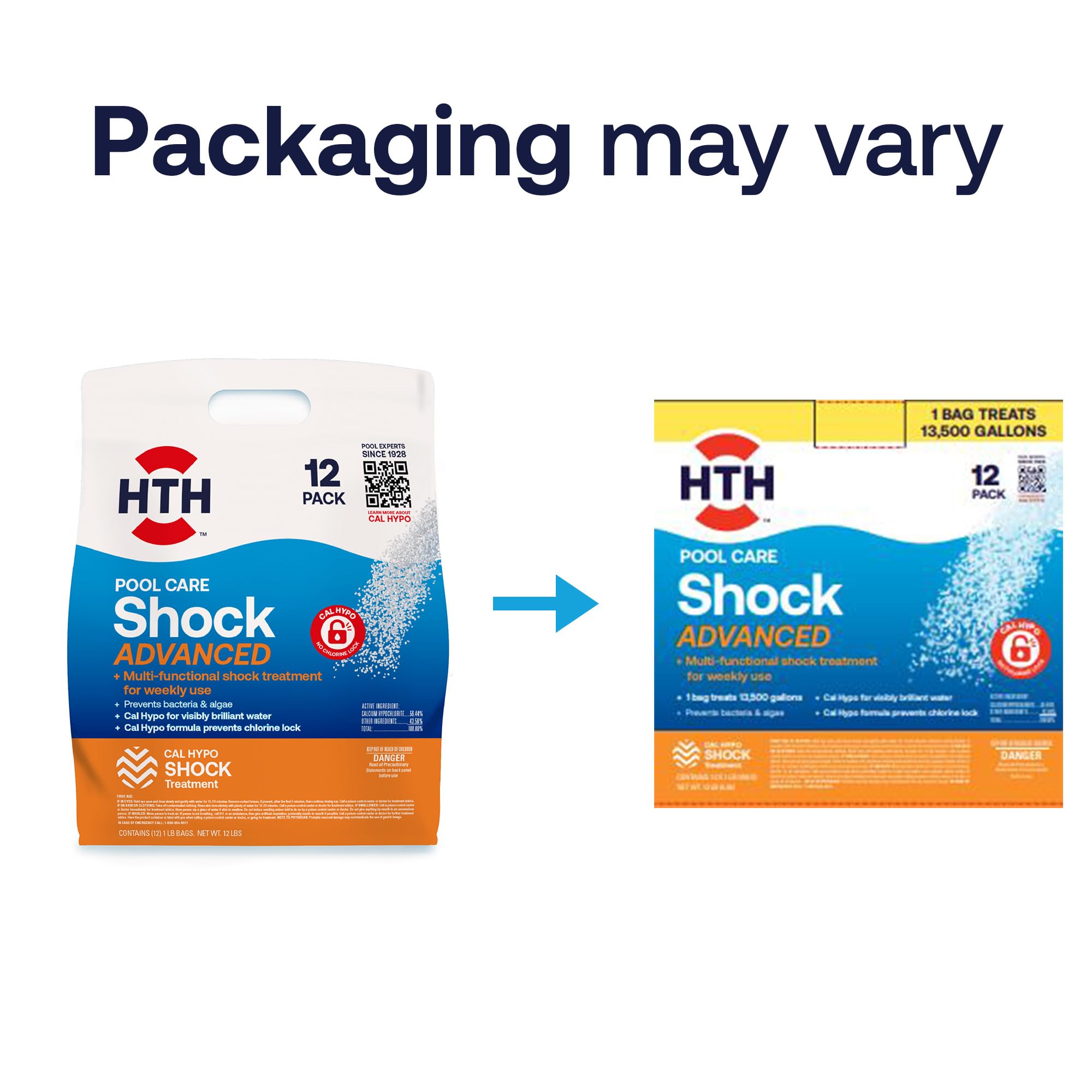 HTH Pool Care Shock Advanced shown in both bag and box packaging with a Packaging may vary note