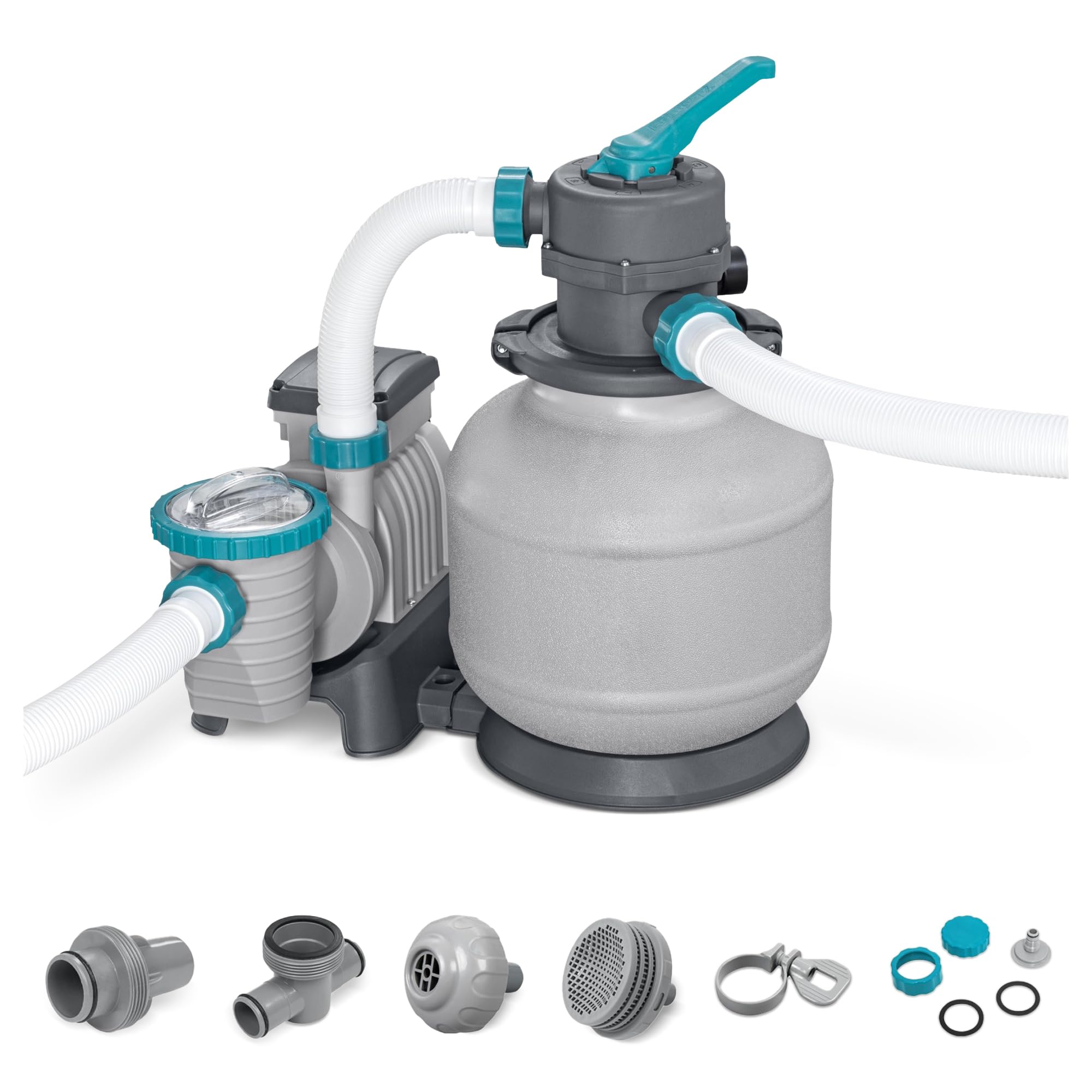 Bestway sand filter pump with gray tank, motor and clear strainer basket, with valve adapter parts