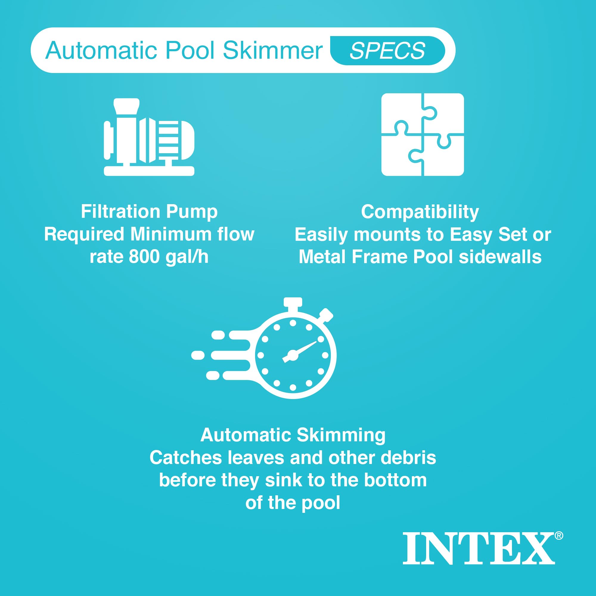 Intex automatic pool skimmer specs graphic: requires a filter pump with minimum 800 gal/h flow, mounts to Easy Set or metal frame walls, automatic skimming
