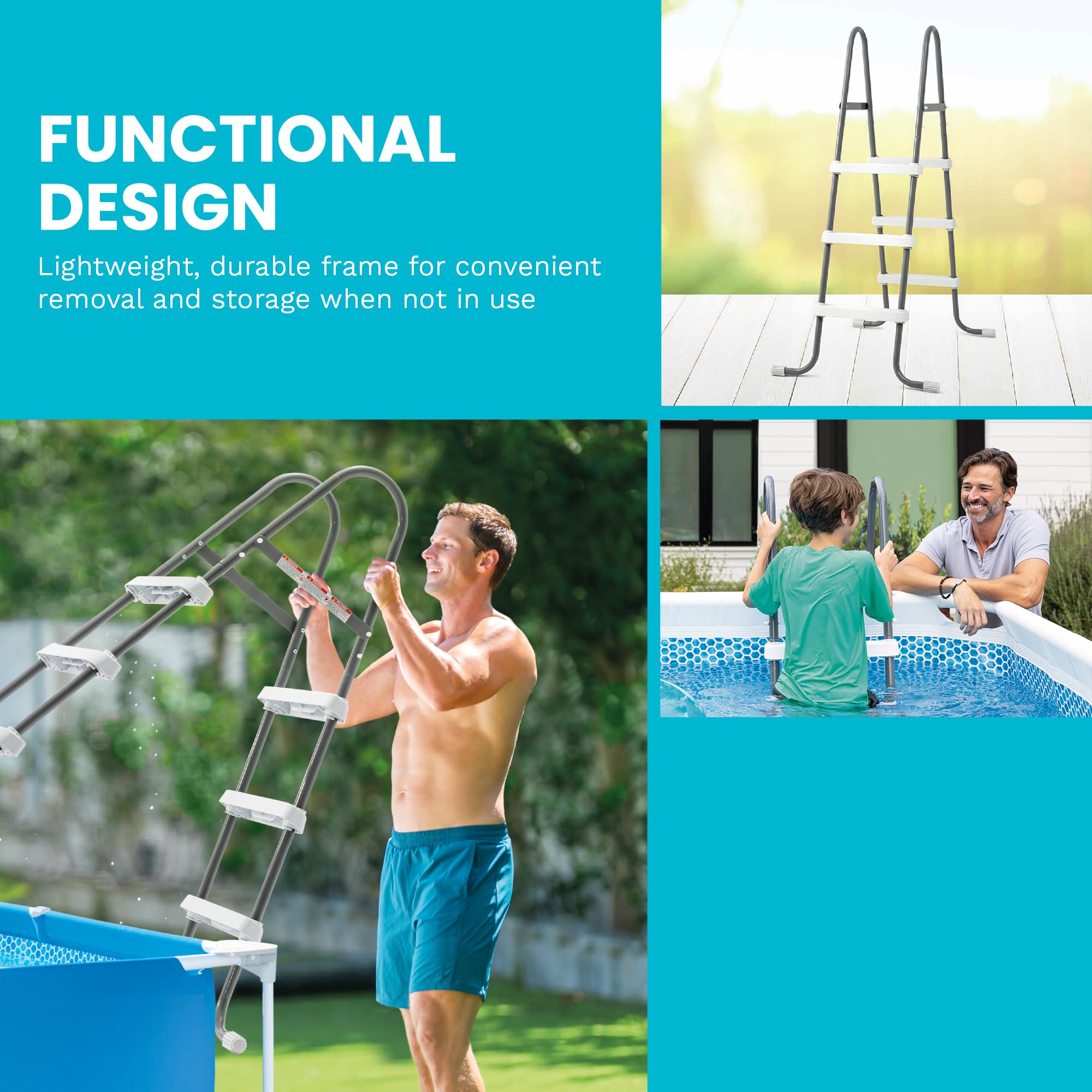 Intex pool ladder Functional Design graphic showing the lightweight frame being lifted out and stored