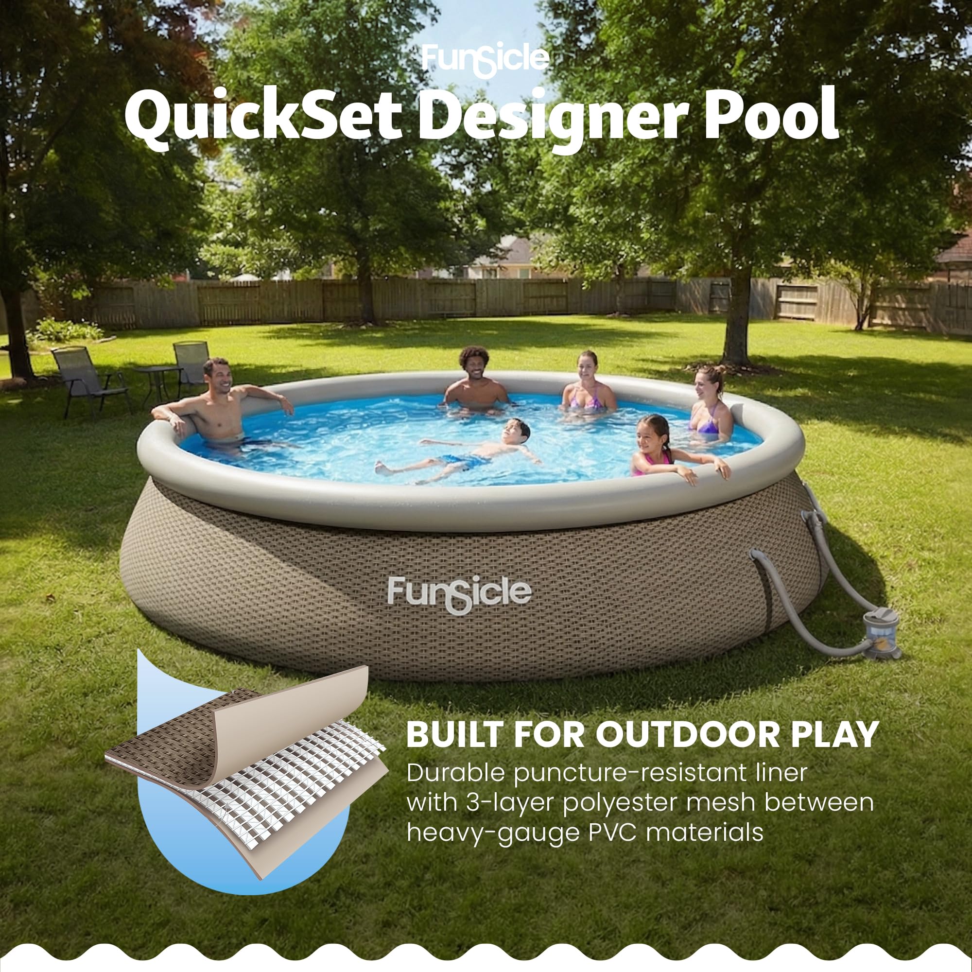 Funsicle QuickSet Designer inflatable pool with a family, showing the 3-ply ToughMesh liner