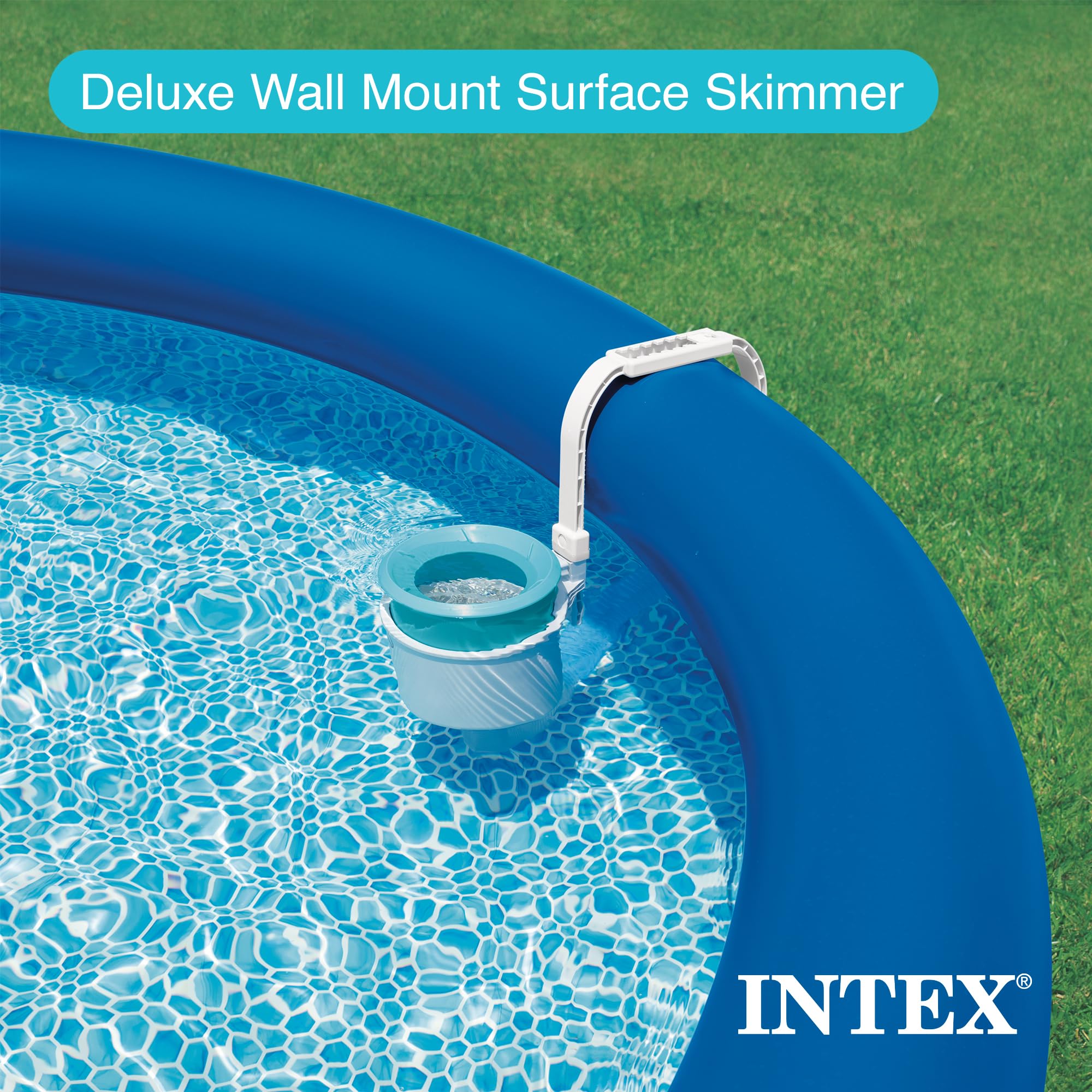 Intex Deluxe Wall Mount Surface Skimmer attached to the wall of an Easy Set above-ground pool