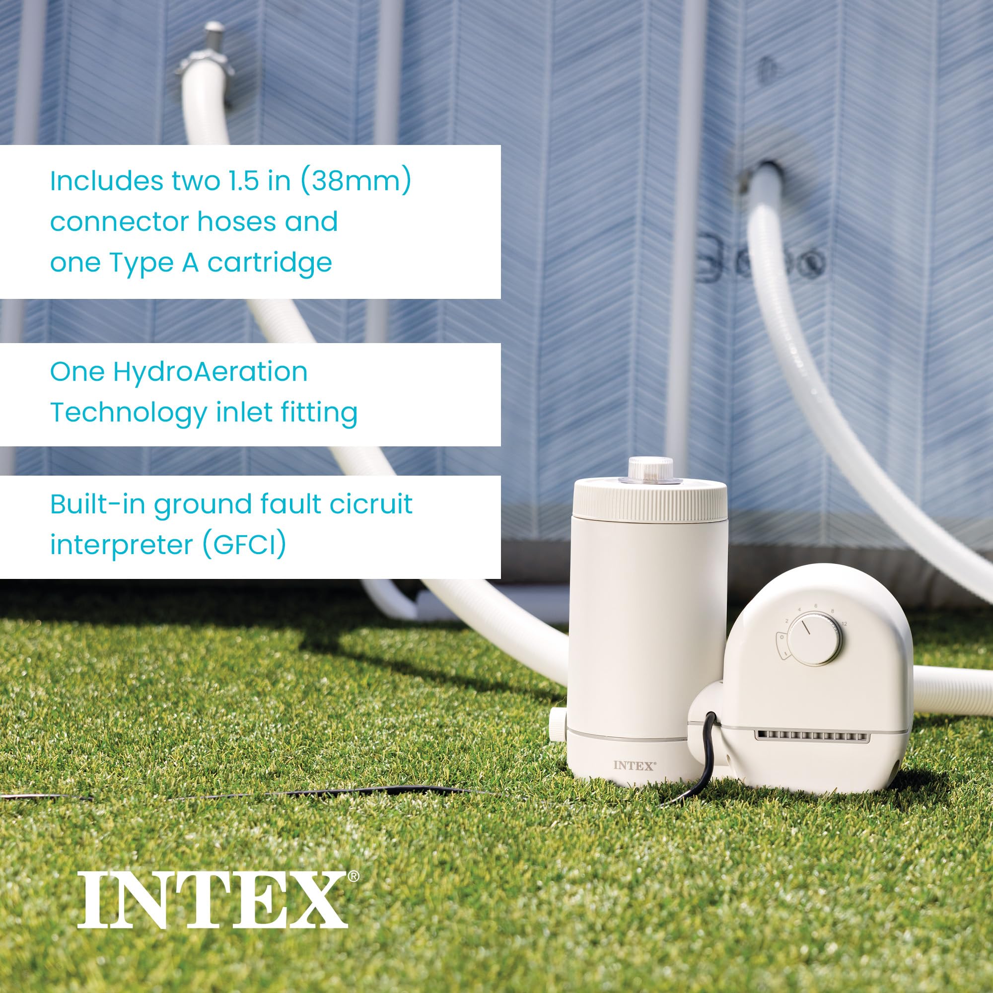 Intex C1500 included-items graphic: two 1.5 in connector hoses, one Type A cartridge, HydroAeration inlet fitting, and built-in GFCI