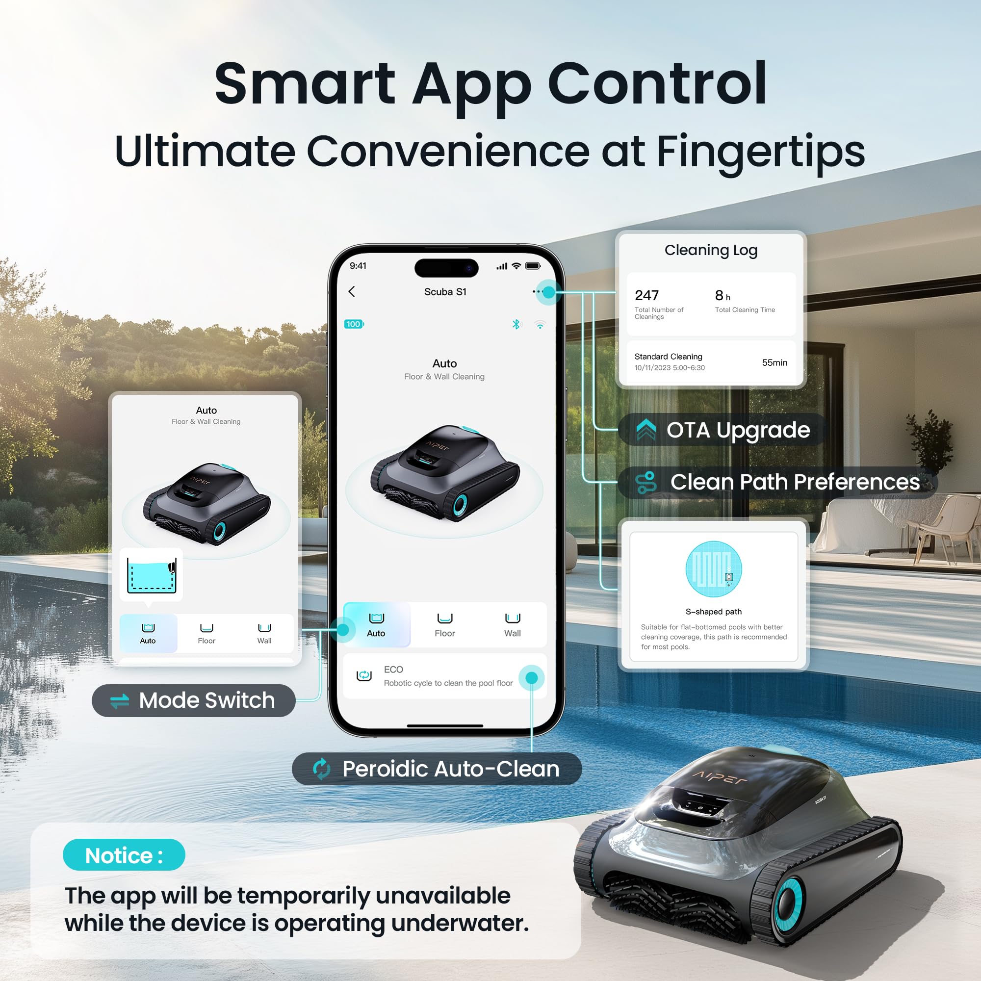 Smart App Control graphic showing the Aiper app cleaning log, OTA upgrade, mode switch, and periodic auto-clean