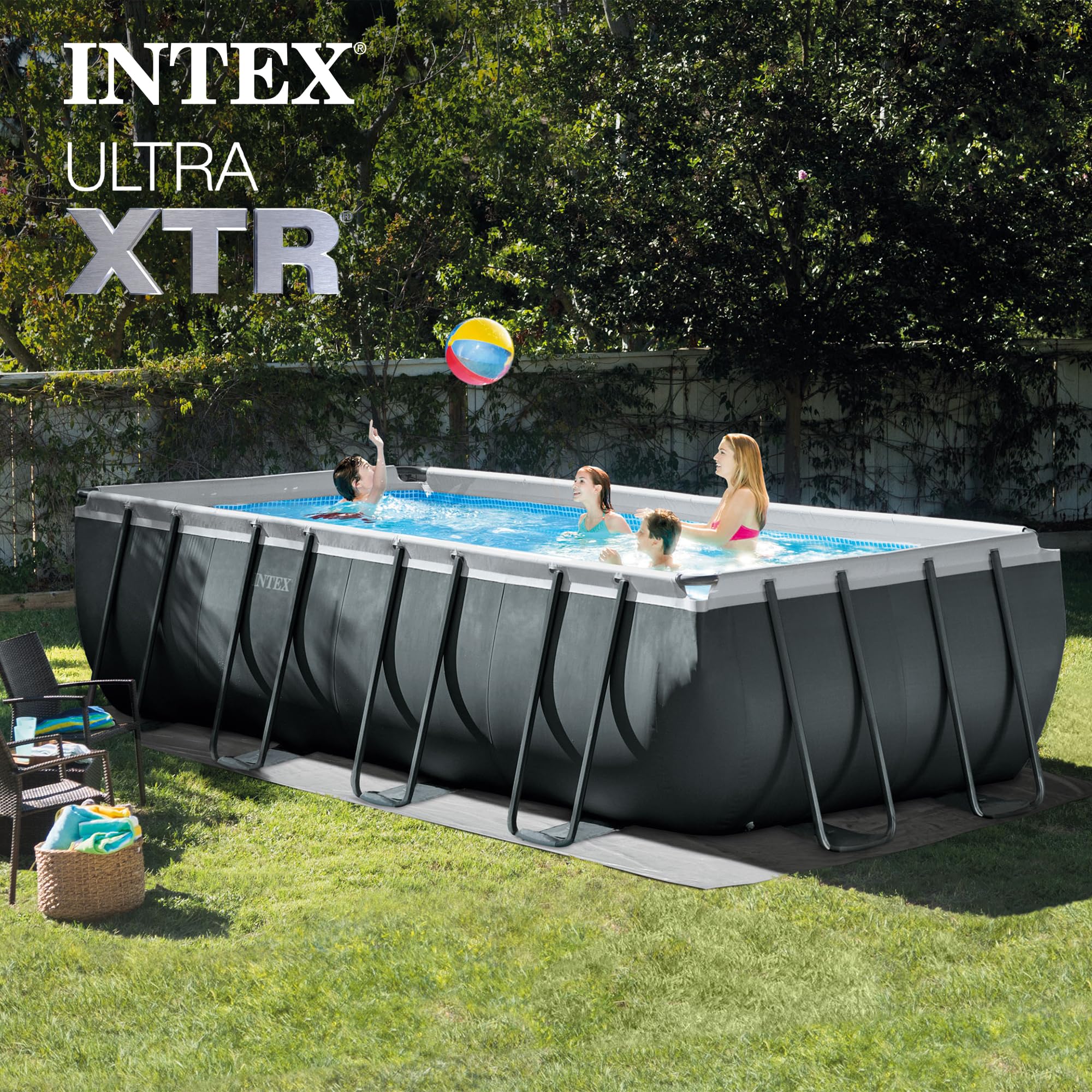 Family swimming in the Intex Ultra XTR rectangular above-ground pool in a backyard