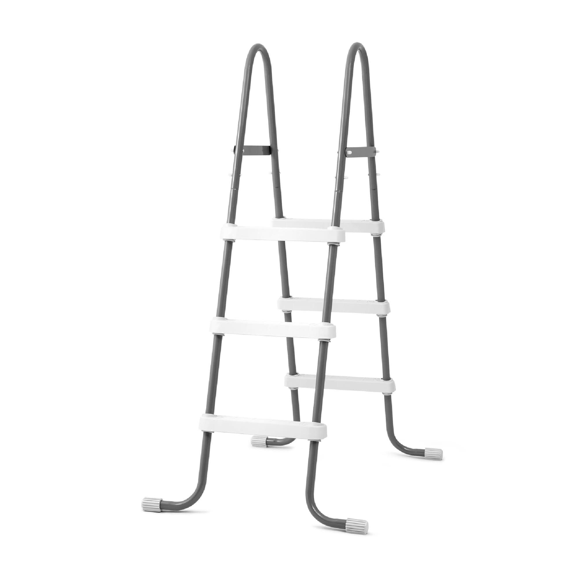 Intex steel-frame above-ground pool ladder, studio front view with white non-slip steps and a grey coated-steel frame