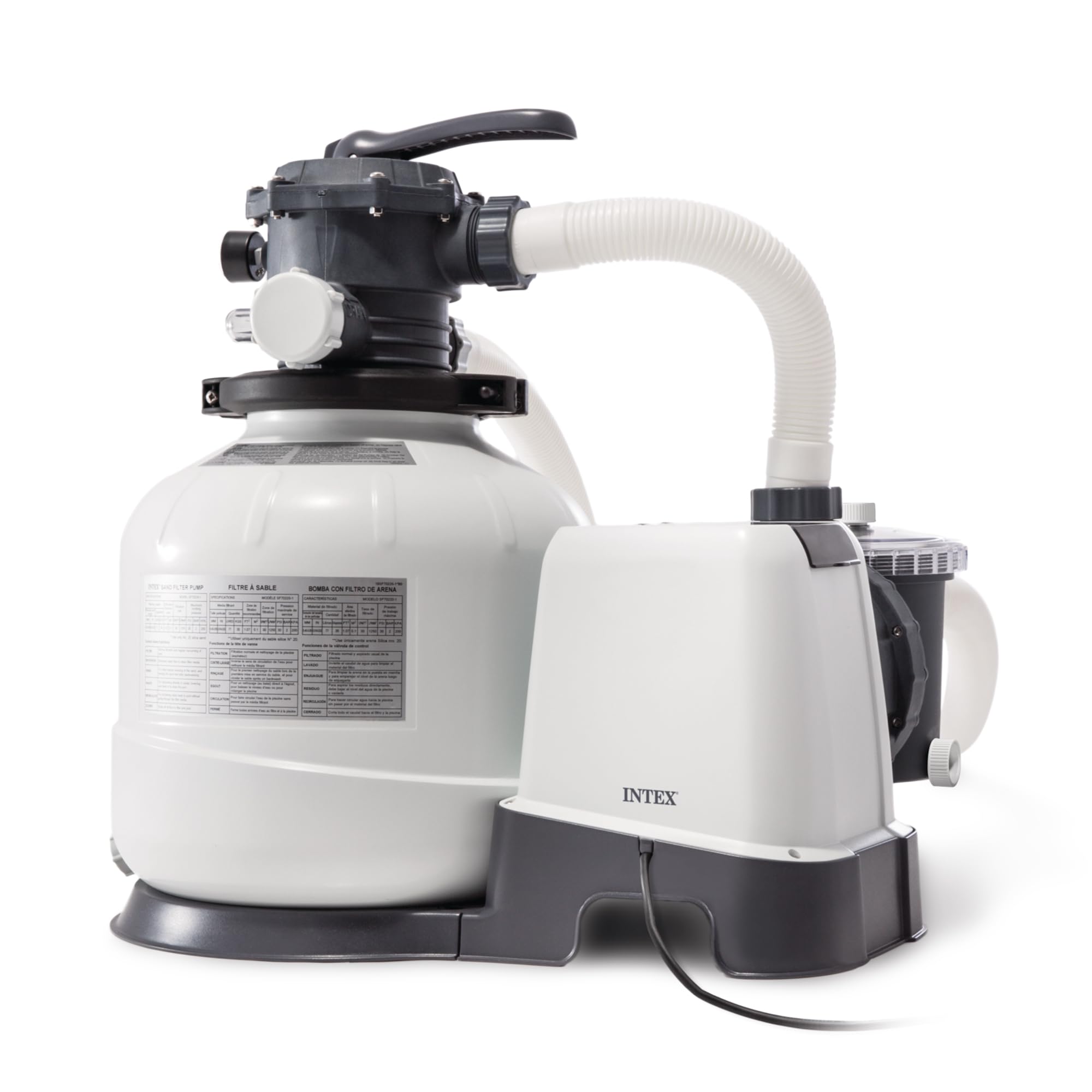 Intex Krystal Clear SX2800 sand filter pump with white tank and gray motor