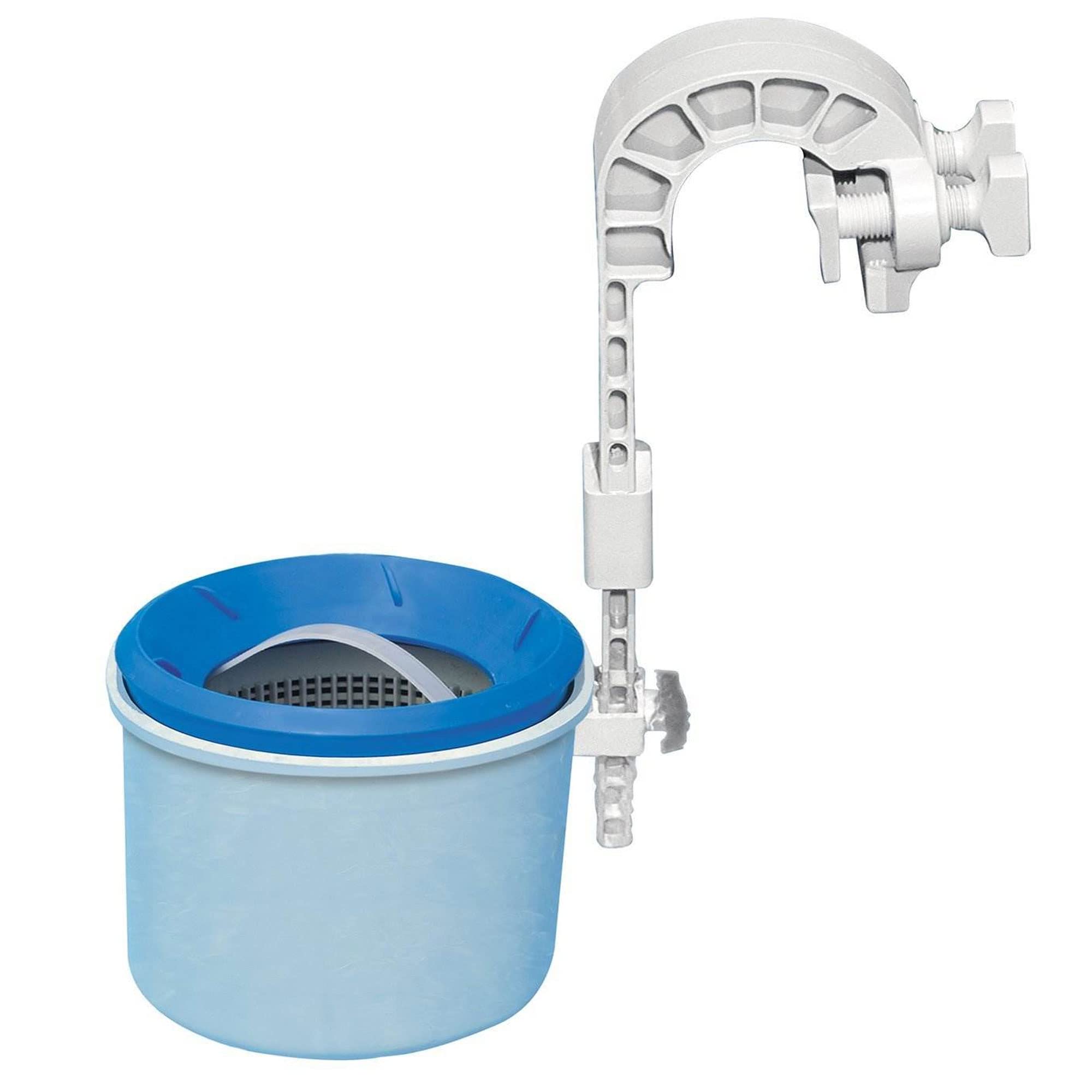 Intex Deluxe wall-mounted surface skimmer with blue strainer basket and white adjustable mounting bracket, studio shot