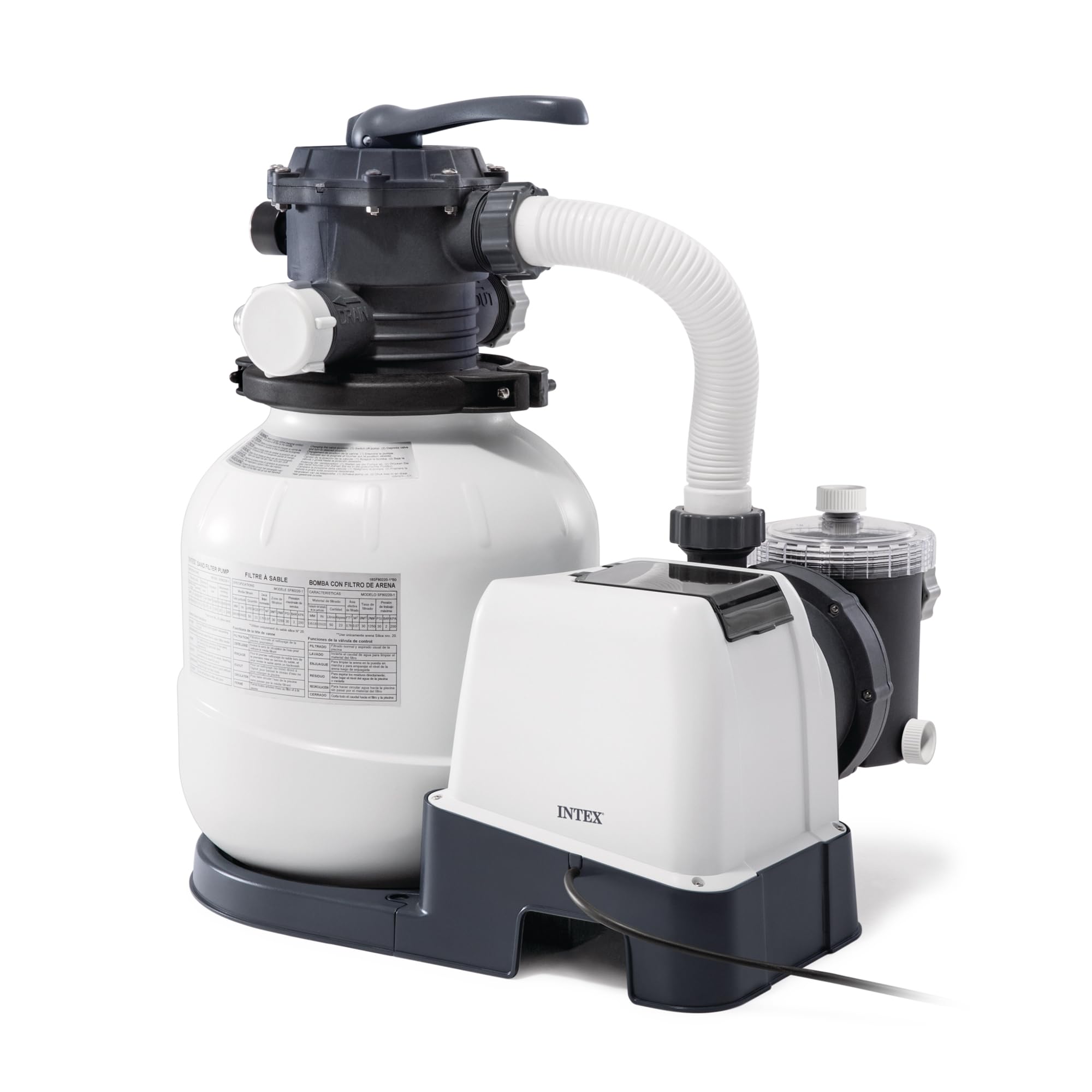 Intex Krystal Clear SX2100 sand filter pump with white tank and gray motor