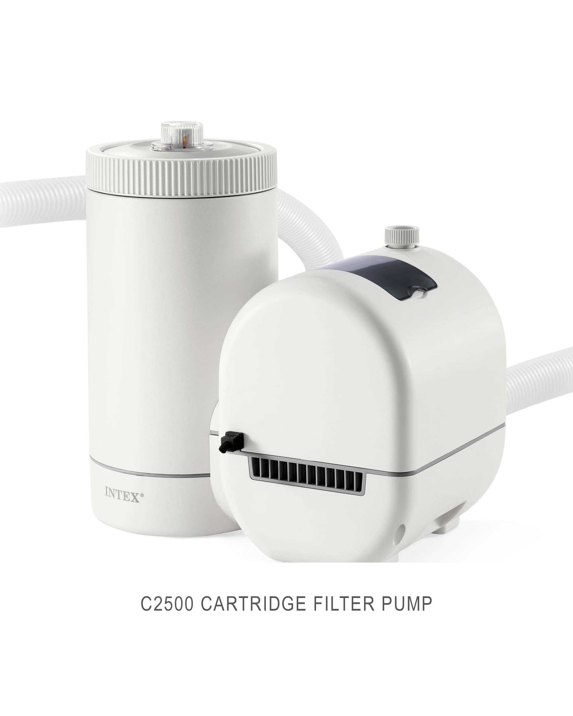 Intex filter canister and pump labeled C2500 Cartridge Filter Pump
