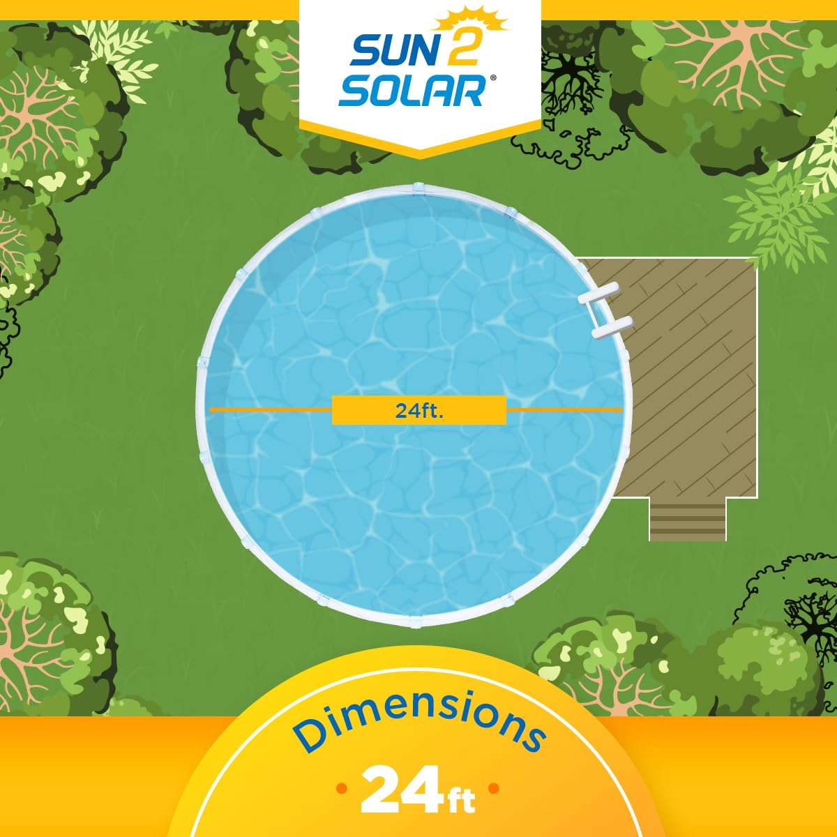 Sun2Solar top-down diagram of a round above-ground pool marked 24 ft, showing the solar cover dimensions
