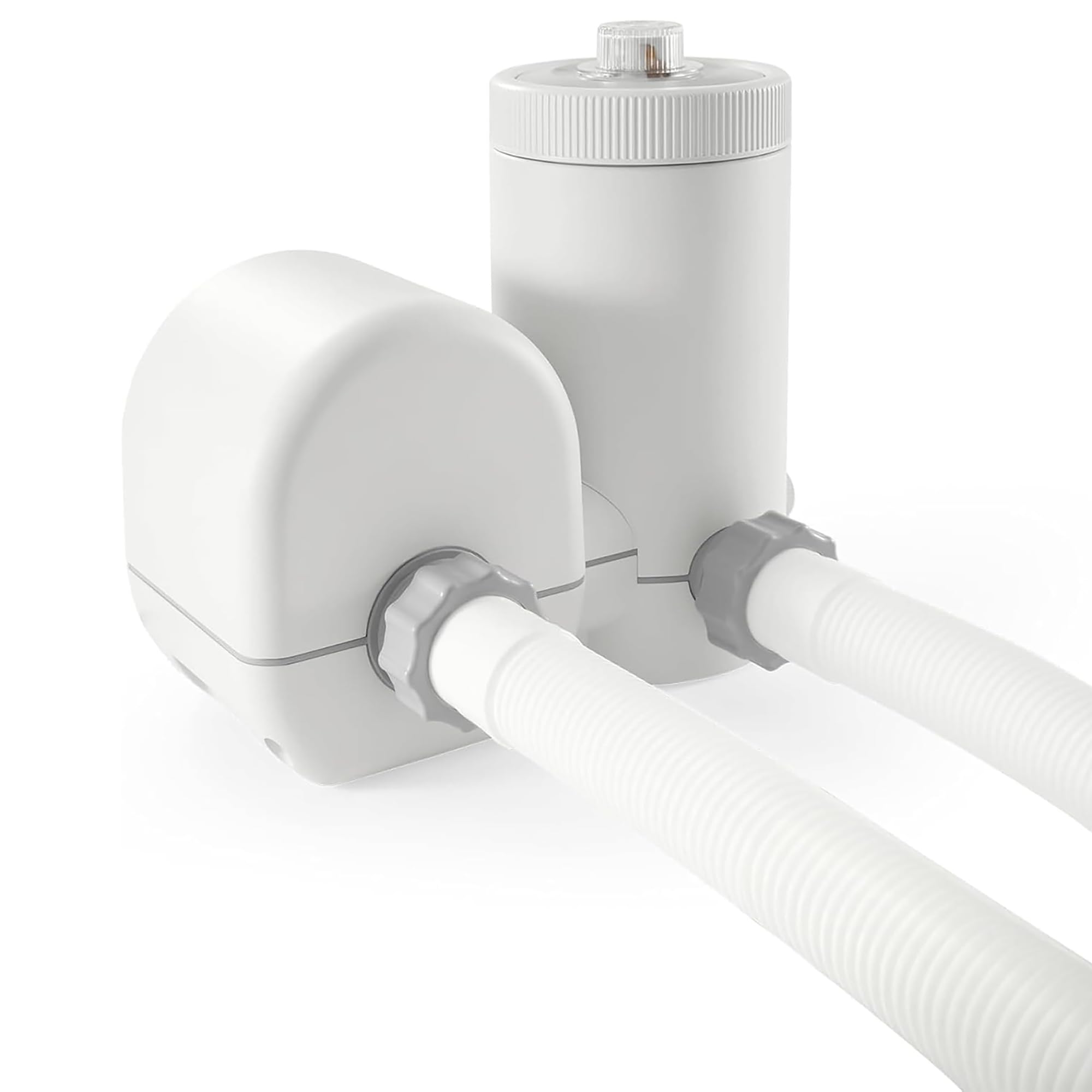 Close-up of the Intex C1500 pump and filter canister connected with threaded hoses