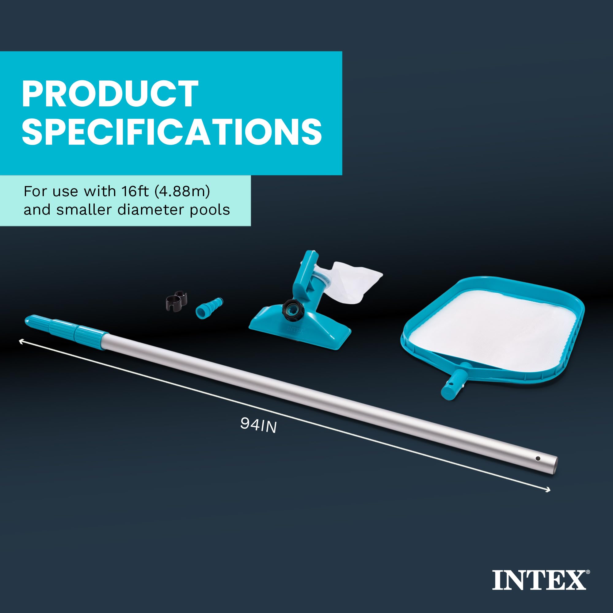 Intex pool maintenance kit product specifications graphic: for 16 ft and smaller pools with a 94 in telescoping pole
