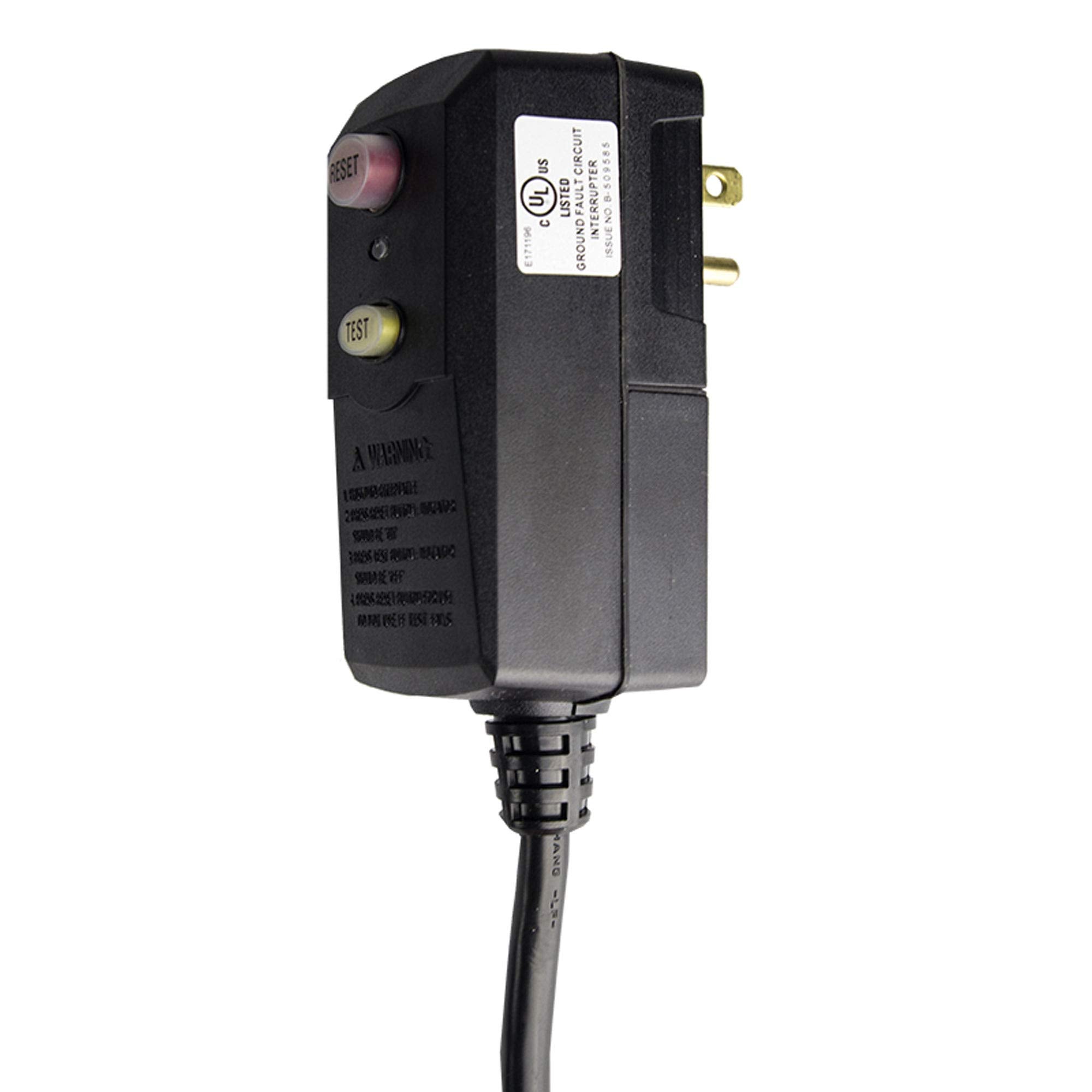 Close-up of the Intex sand filter pump UL-listed GFCI plug with reset and test buttons