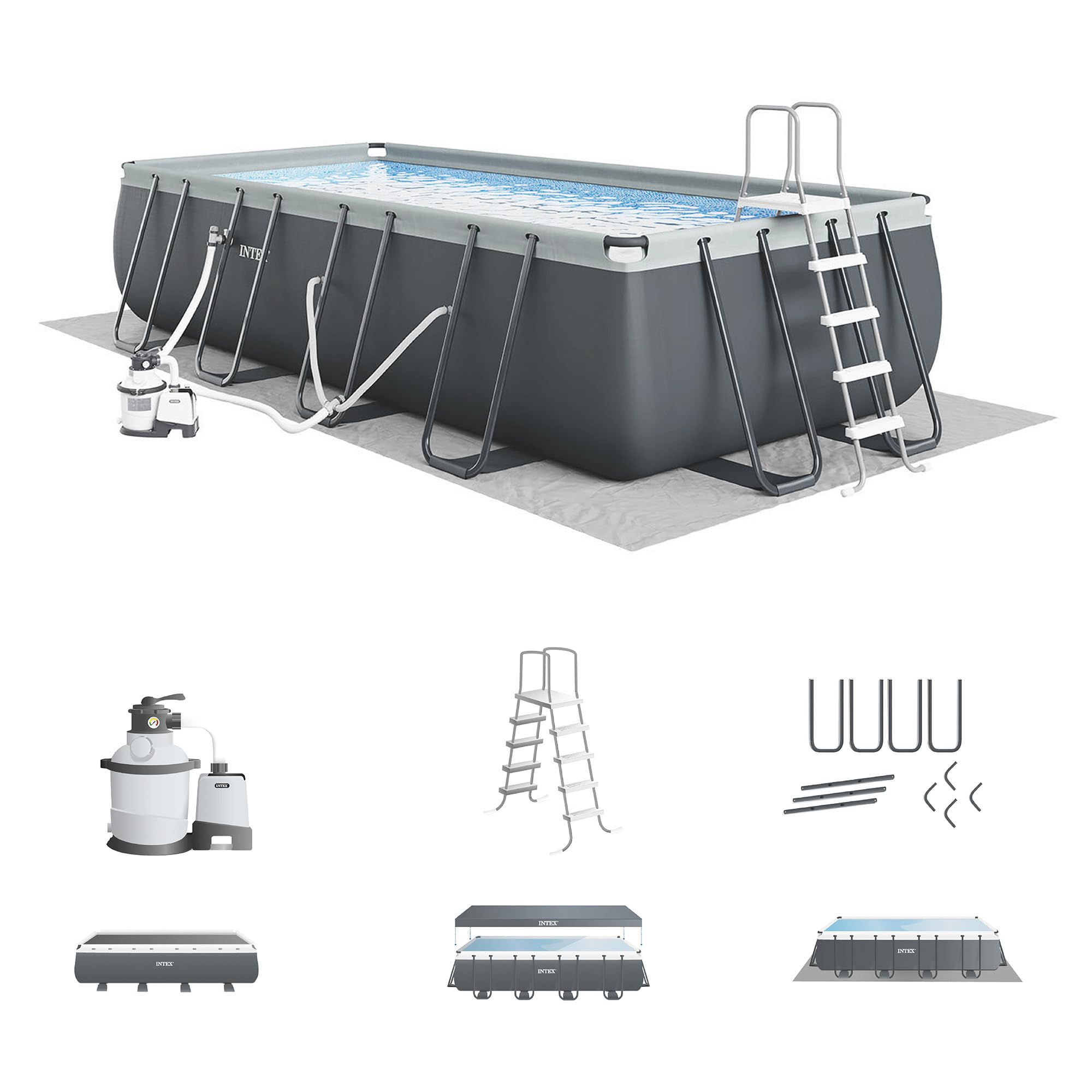 Intex Ultra XTR 24 ft x 12 ft rectangular above-ground pool in dark gray with included sand pump, ladder, cover and ground cloth