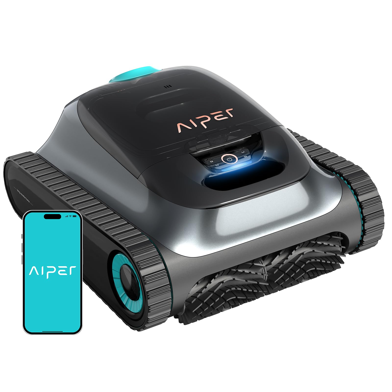 Aiper Scuba S1 robotic pool cleaner in obsidian grey with tracked treads and a top power button, shown with the phone app