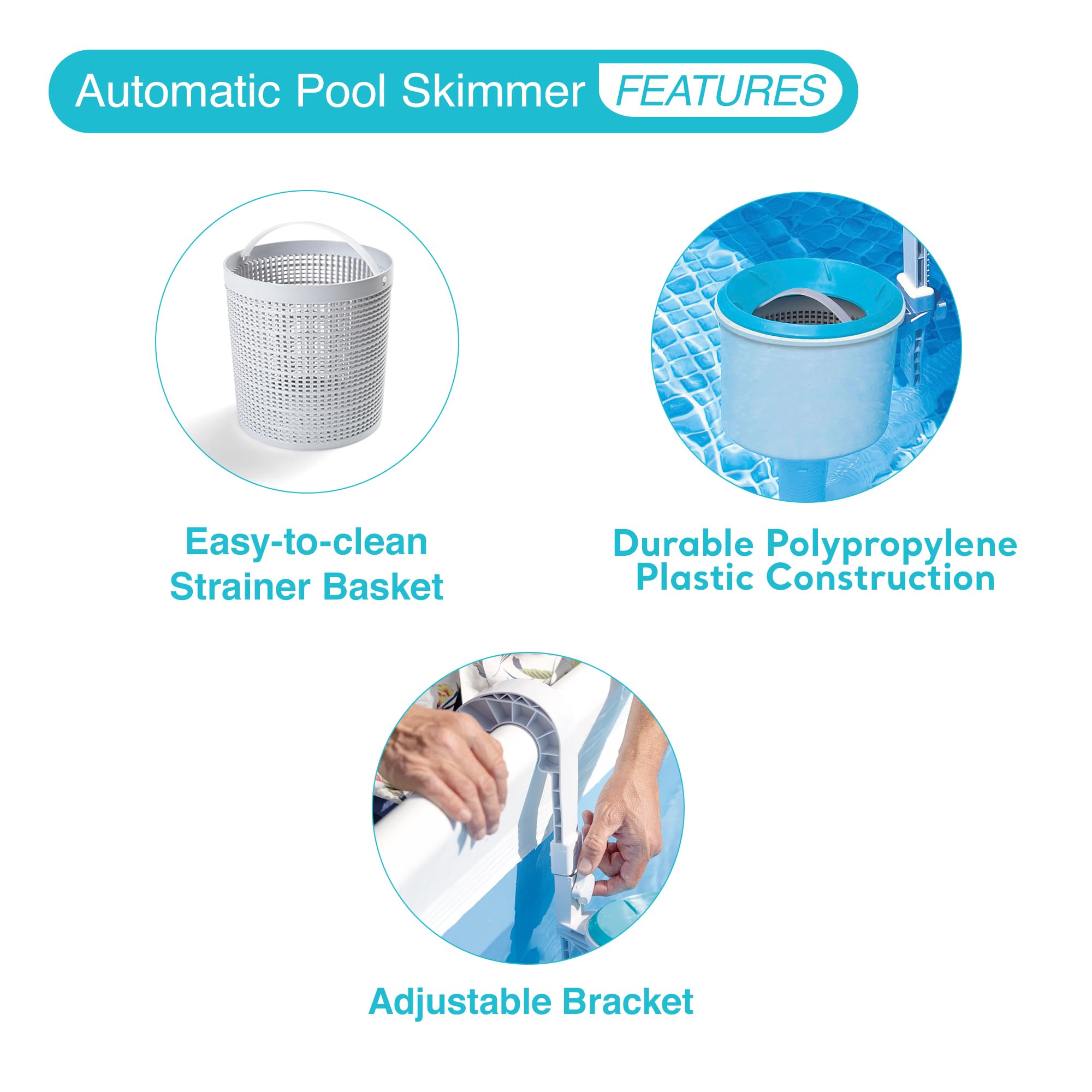 Intex automatic pool skimmer features graphic: easy-to-clean strainer basket, durable polypropylene construction, adjustable bracket