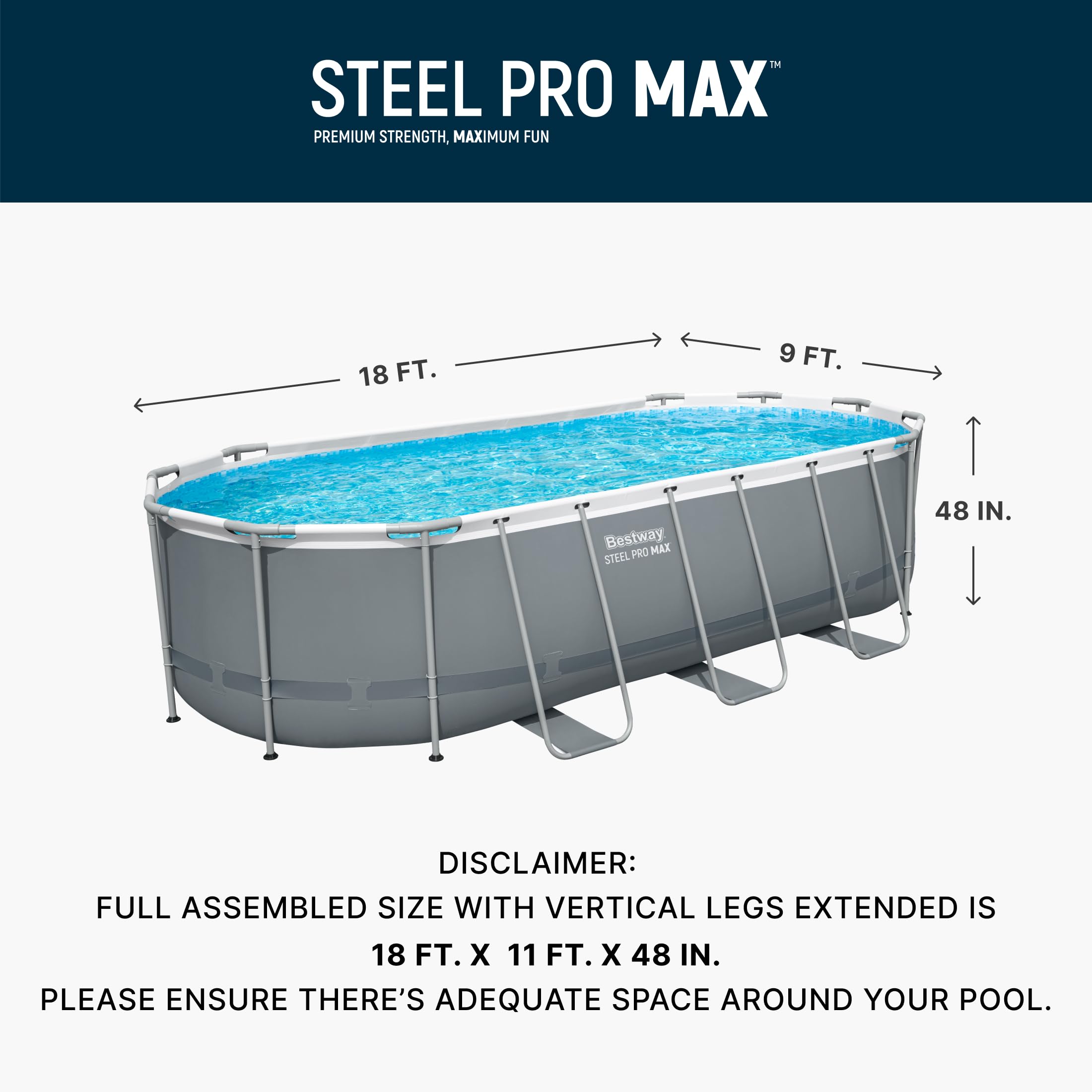 Bestway Steel Pro MAX oval pool diagram, 18 ft x 9 ft x 48 in with legs extended to 18 ft x 11 ft