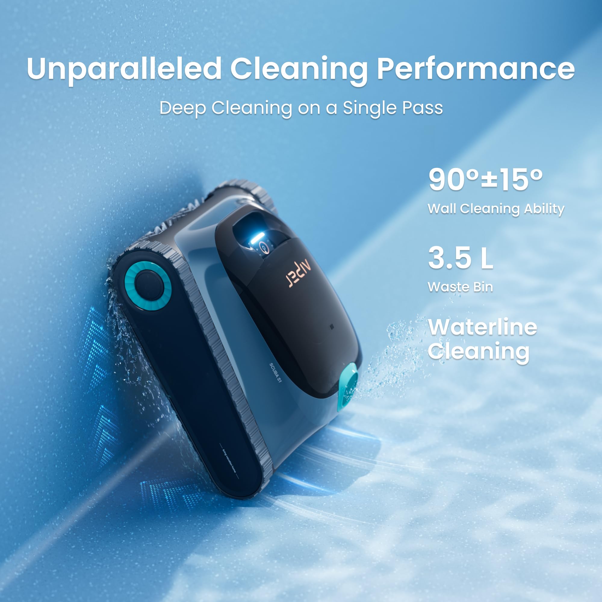 Unparalleled Cleaning Performance graphic: 90 degrees plus or minus 15 wall cleaning, a 3.5-liter waste bin, and waterline cleaning, with the cleaner climbing a pool wall