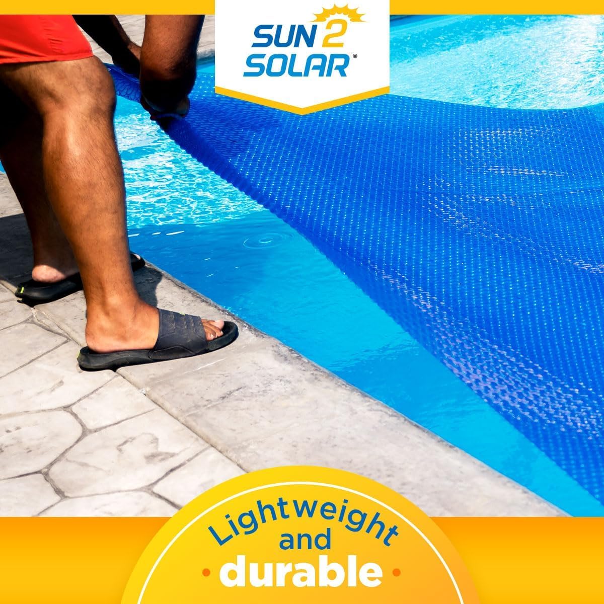Lifestyle photo of a person pulling the lightweight blue Sun2Solar solar blanket across a pool, captioned Lightweight and durable