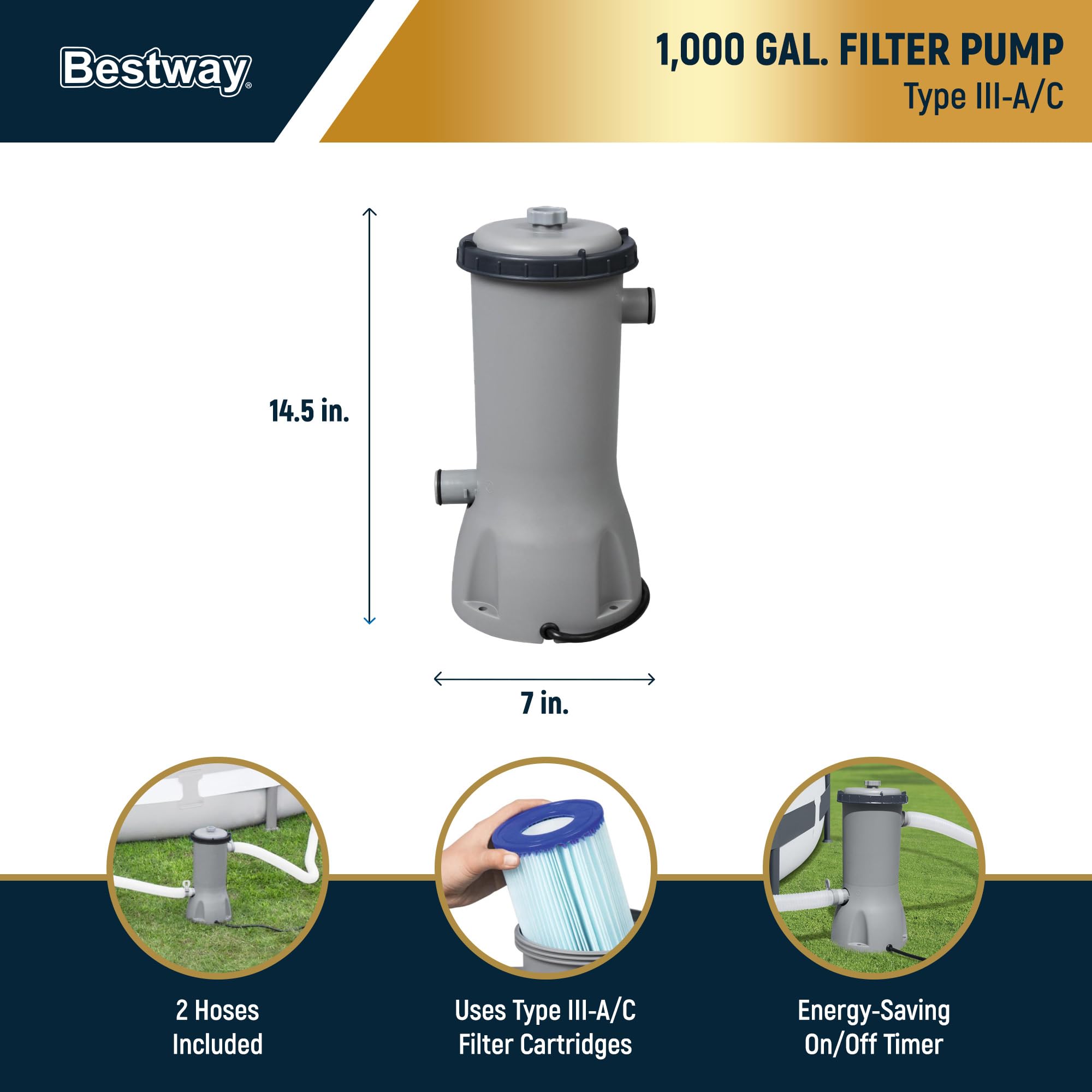 Bestway 1,000 GPH filter pump with Type III-A/C cartridge