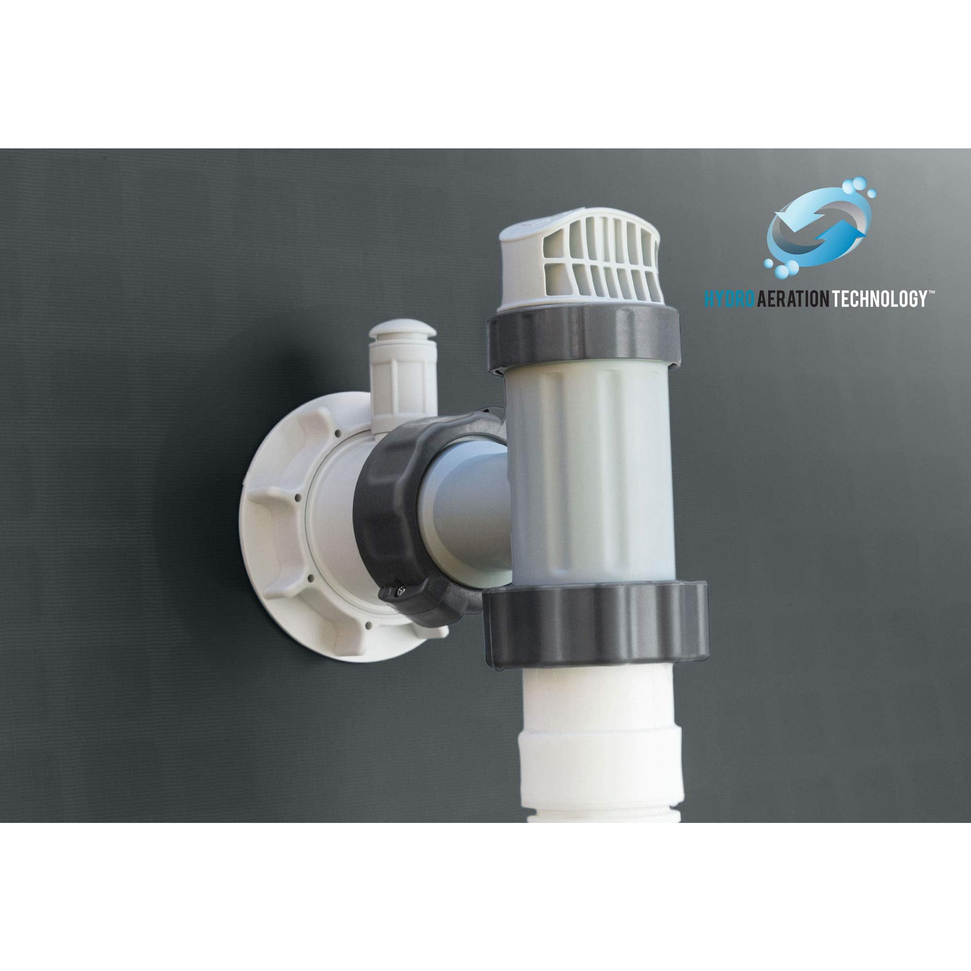 Close-up of the Intex HydroAeration inlet fitting on the pool wall