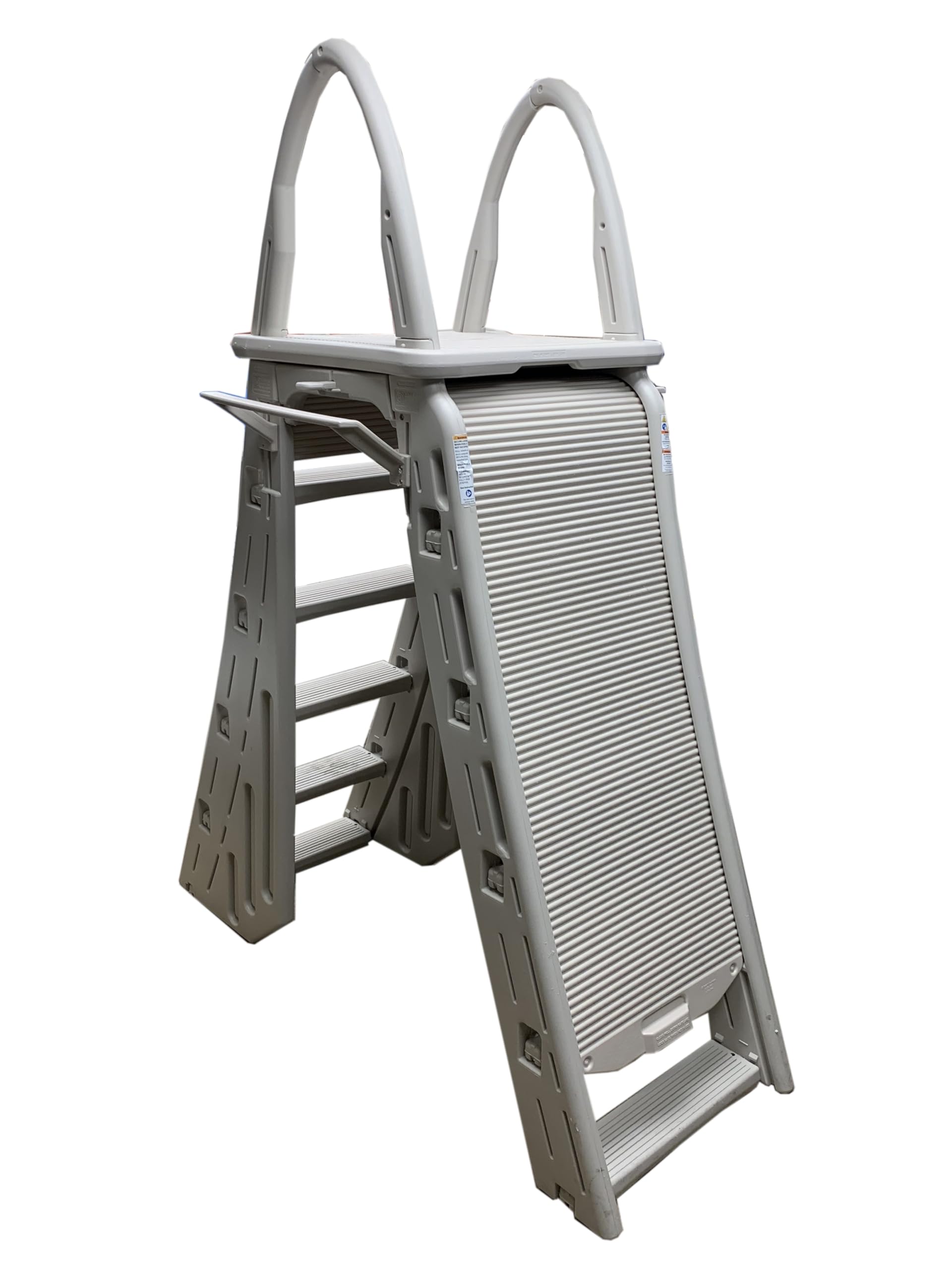 Confer Roll-Guard A-Frame pool ladder side view with the roll-guard barrier rolled down to block the inner steps