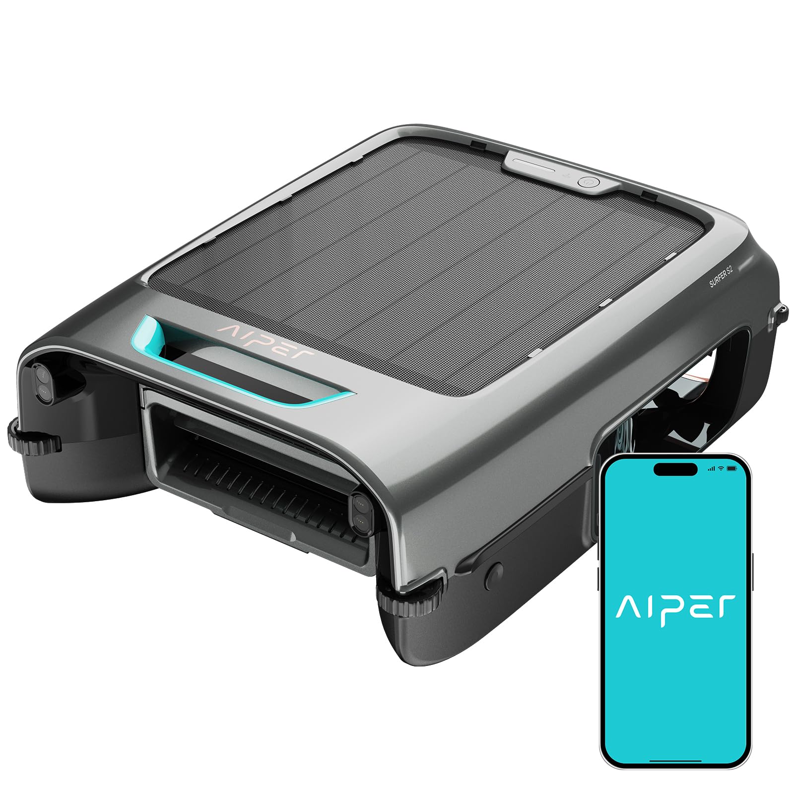 Aiper EcoSurfer S2 solar-powered robotic surface skimmer in grey with a solar-panel top, shown with the phone app