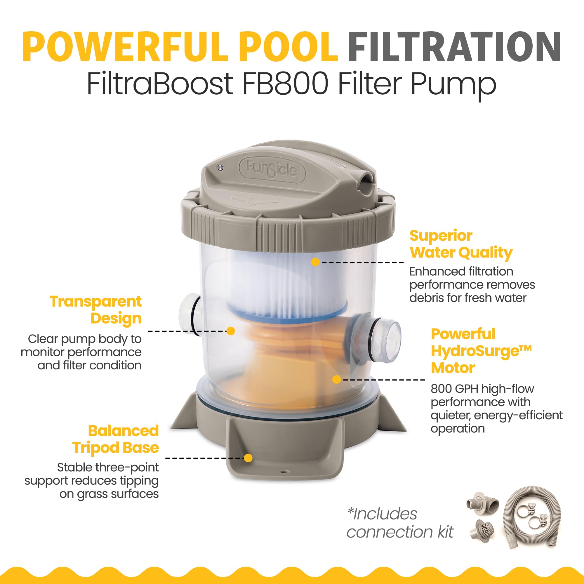 Funsicle FiltraBoost FB800 filter pump rated 800 GPH with transparent body and tripod base