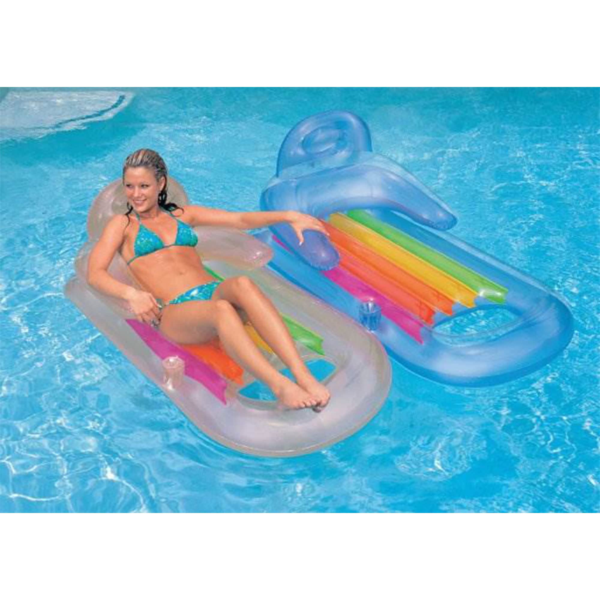 Lifestyle photo of a woman relaxing on an Intex King Kool lounger floating in a pool