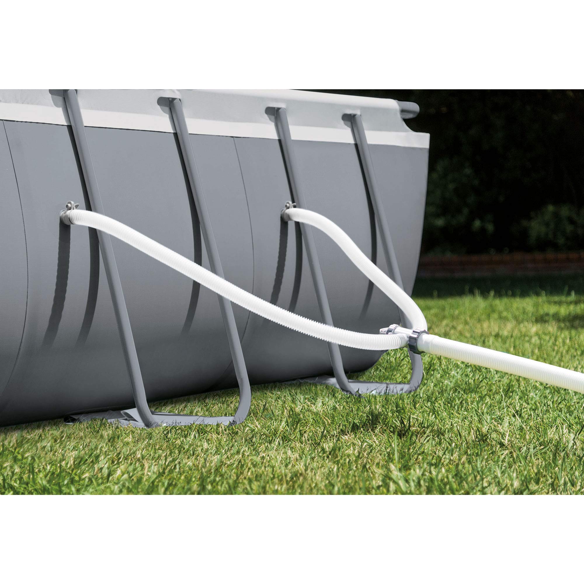 Close-up of the Intex Ultra XTR pool wall with filter pump hose connection