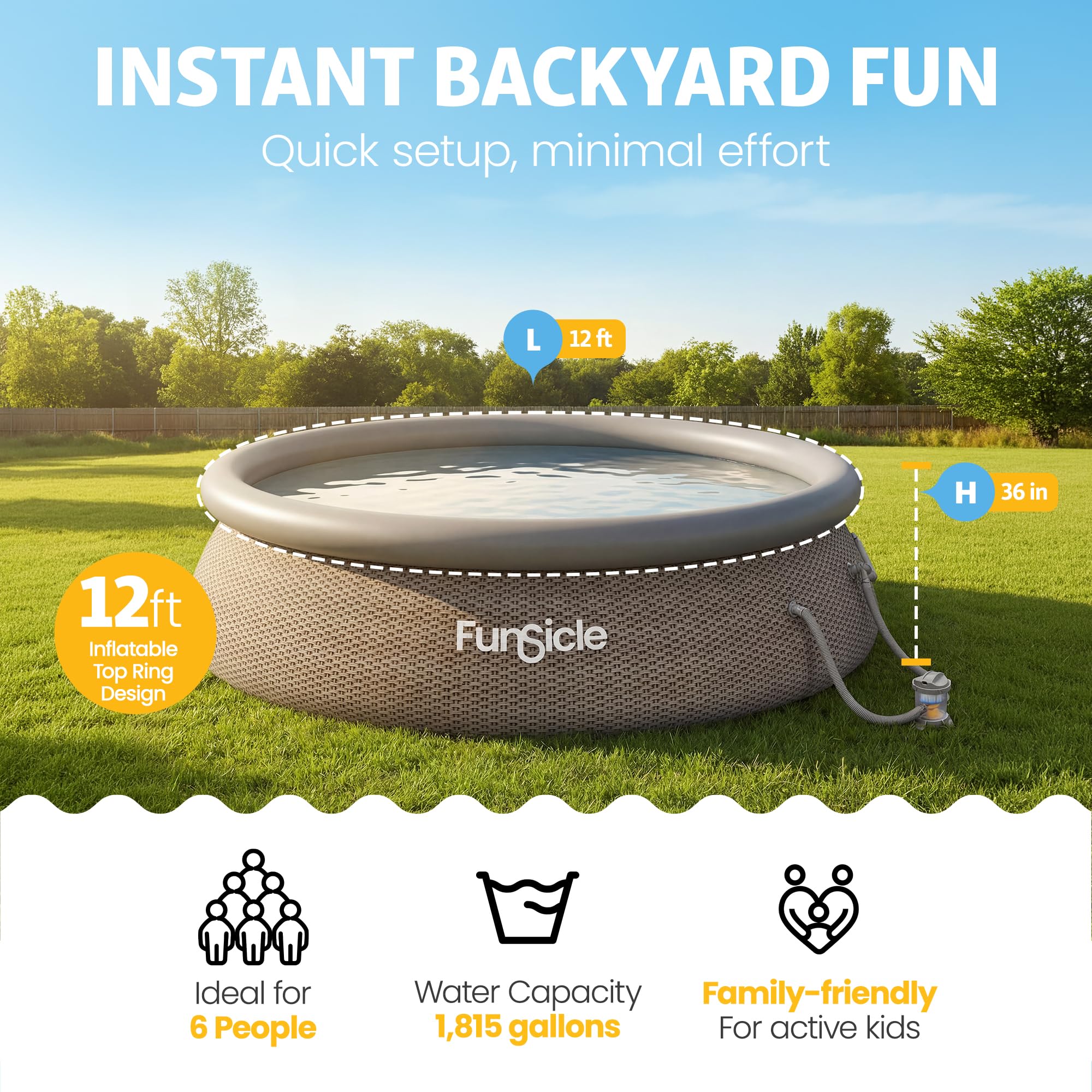Funsicle QuickSet Designer inflatable pool in a backyard, 12 ft round holding 1,815 gallons for up to 6 people
