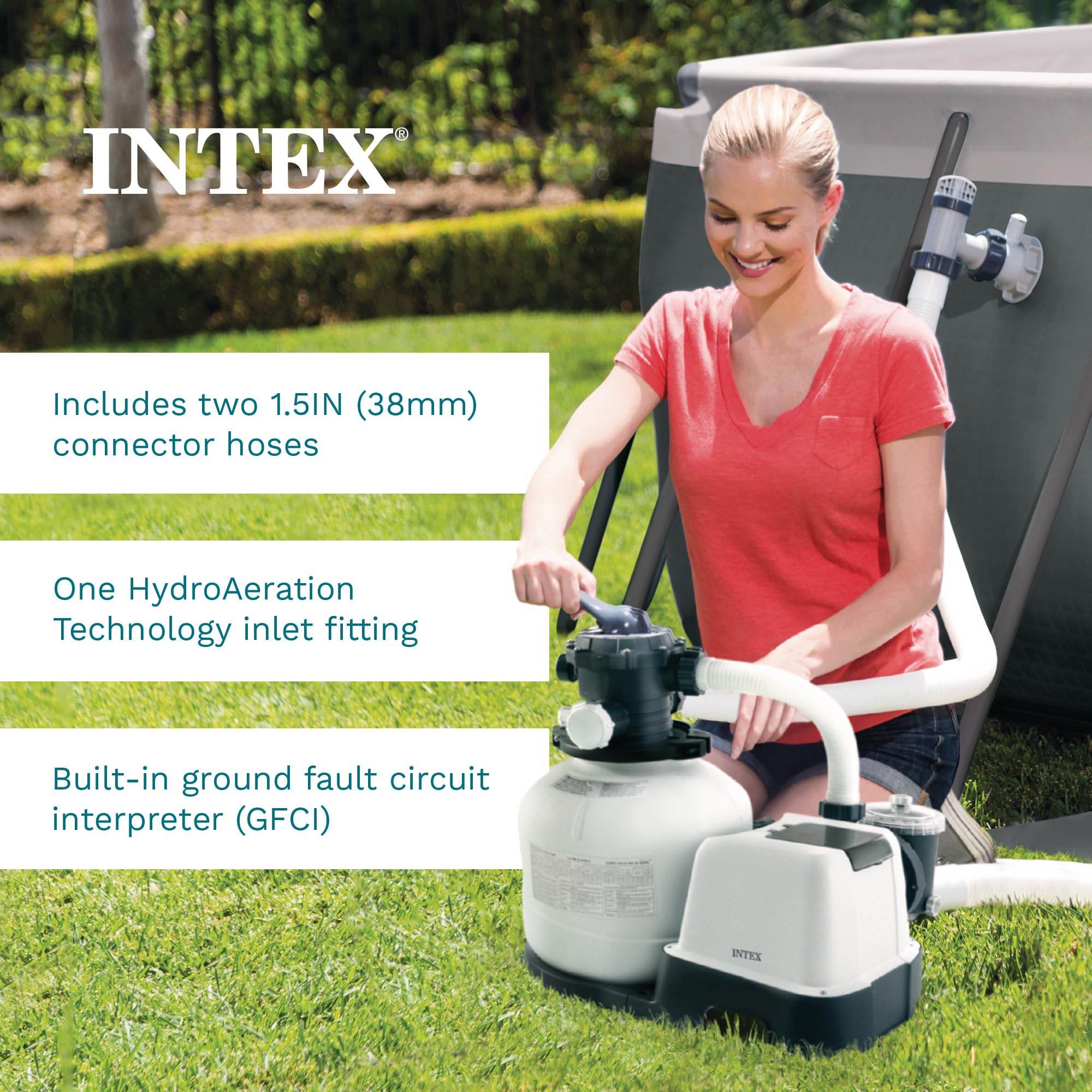 Intex sand filter pump with two 1.5 in connector hoses, HydroAeration inlet fitting and built-in GFCI