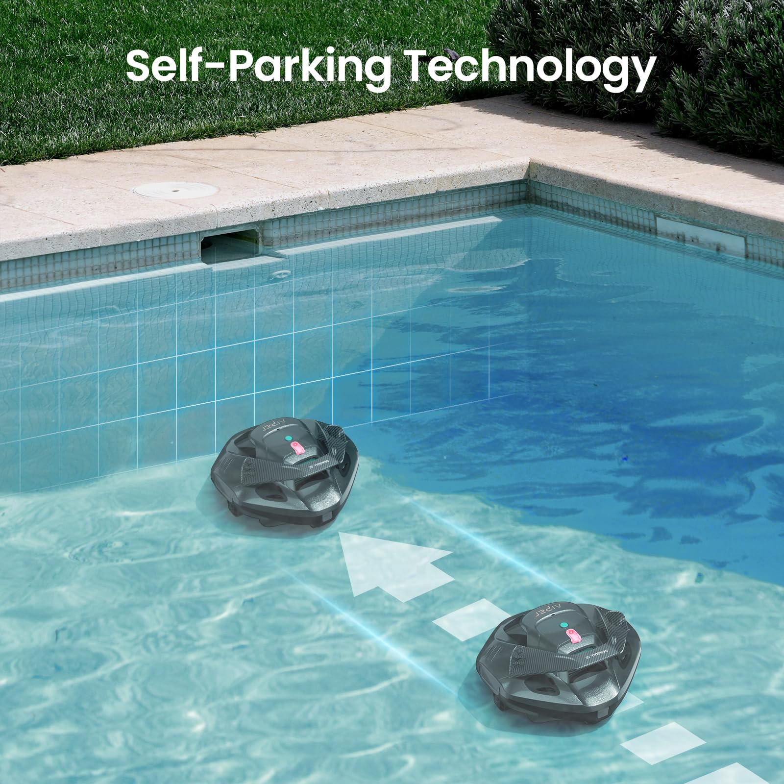 Self-Parking Technology graphic showing two Aiper Seagull SE cleaners returning to the pool edge along arrowed paths