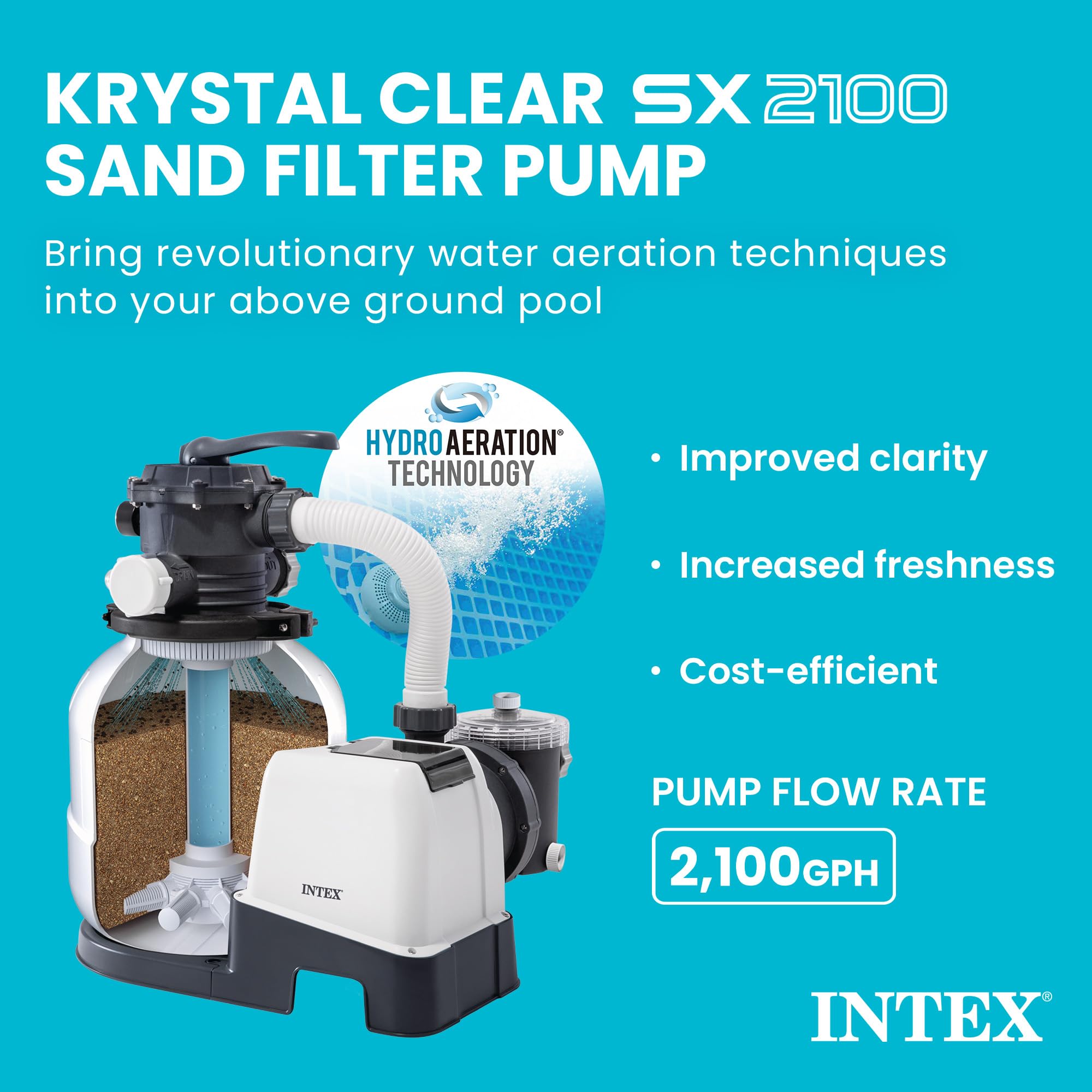 Intex Krystal Clear SX2100 sand filter pump with 2,100 GPH pump flow rate